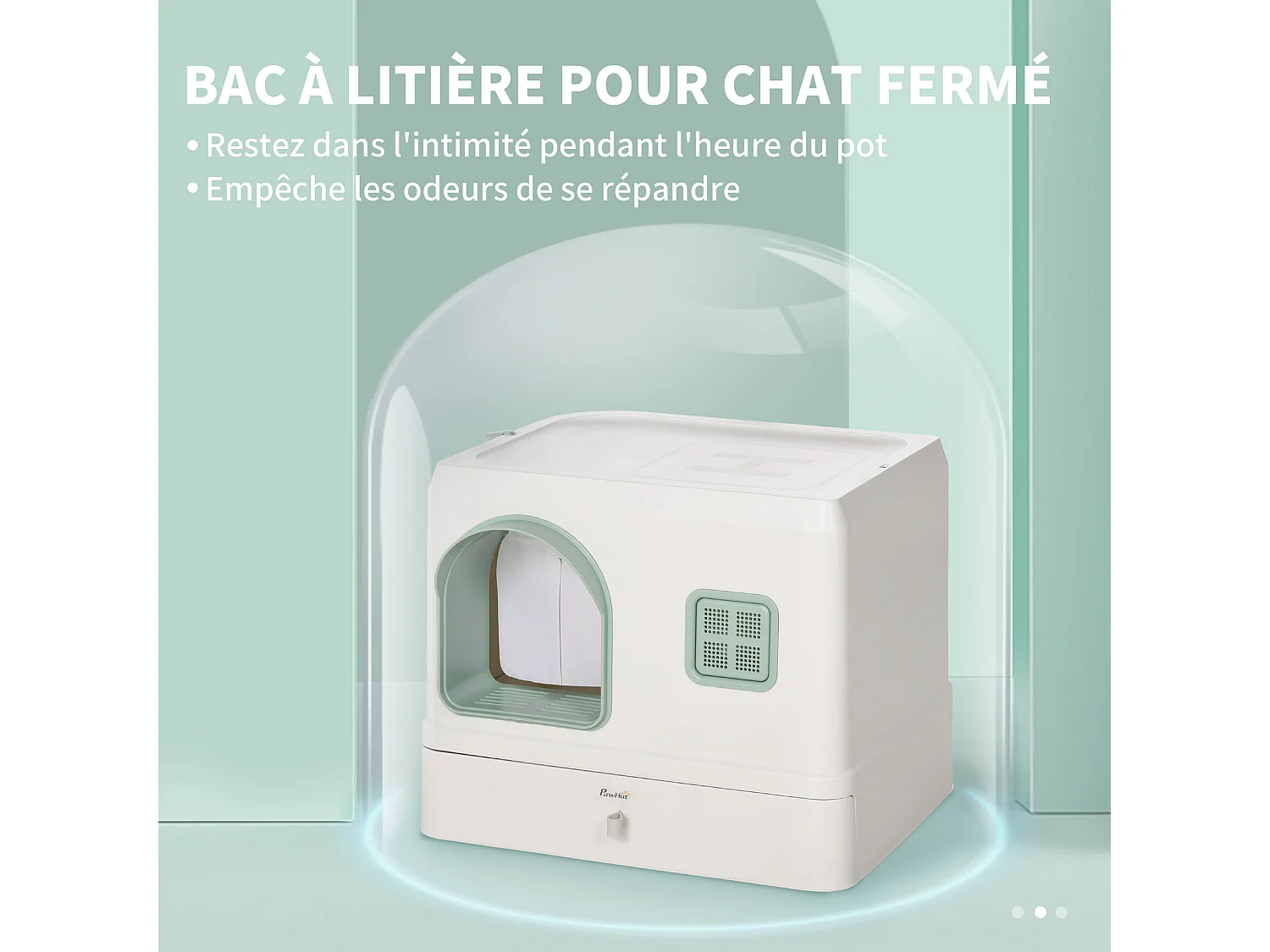 Maison de toilette chat design maisonnette - pelle, 2 désodorisants, plateau coulissant intégrés - blanc vert