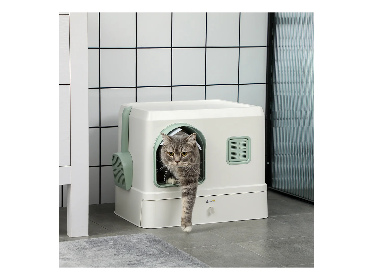 Maison de toilette chat design maisonnette - pelle, 2 désodorisants, plateau coulissant intégrés - blanc vert