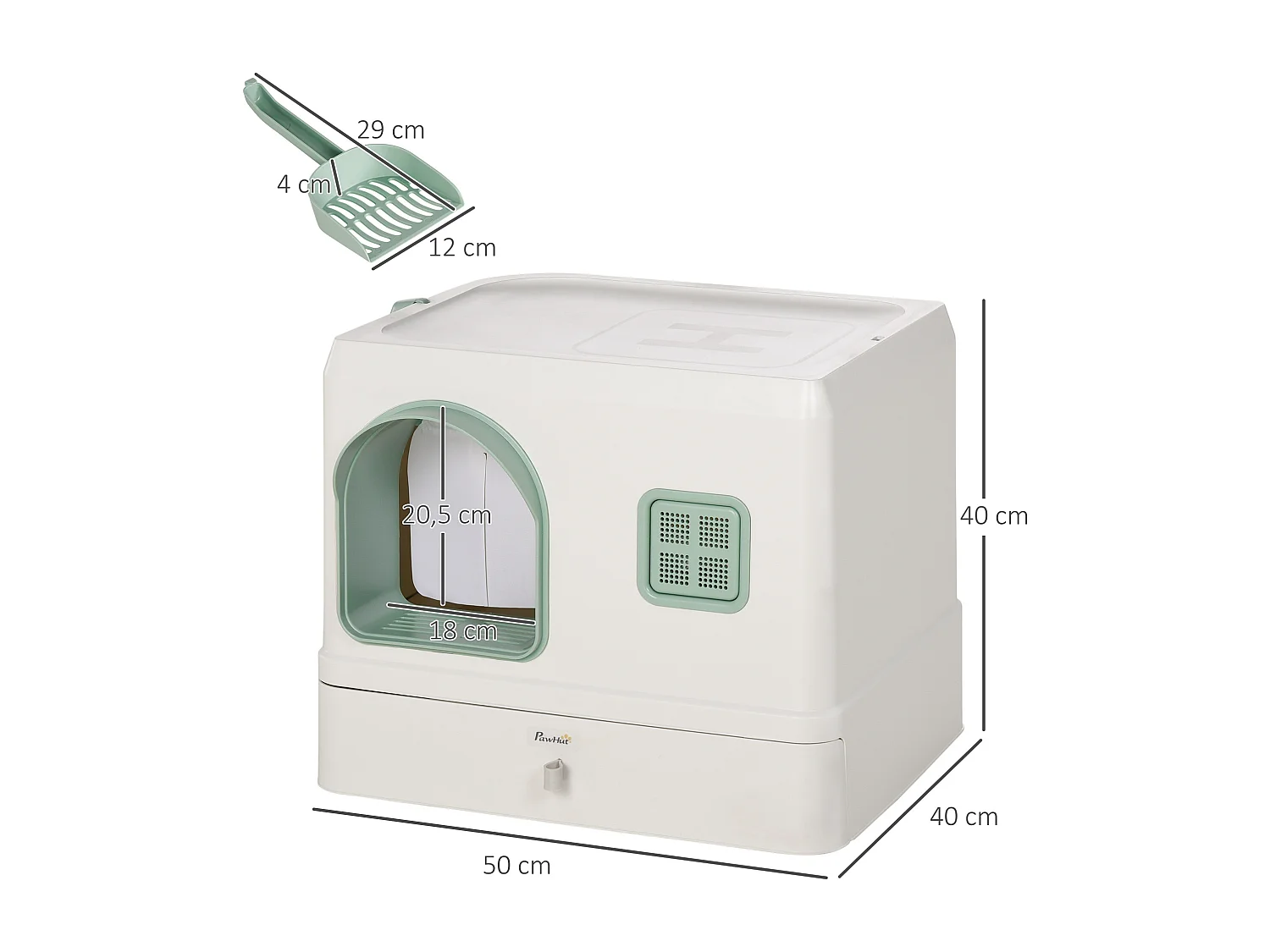 Maison de toilette chat design maisonnette - pelle, 2 désodorisants, plateau coulissant intégrés - blanc vert