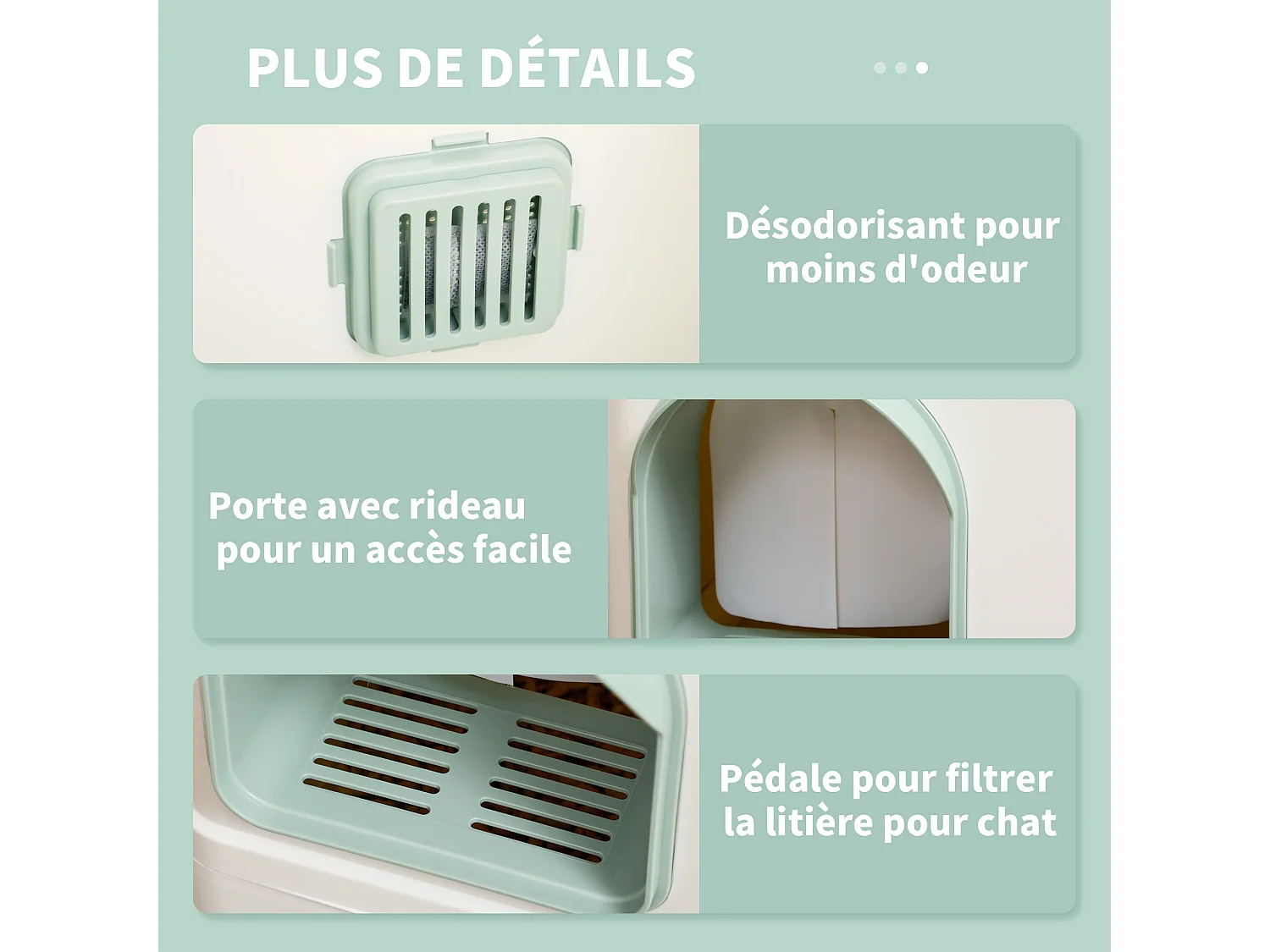 Maison de toilette chat design maisonnette - pelle, 2 désodorisants, plateau coulissant intégrés - blanc vert