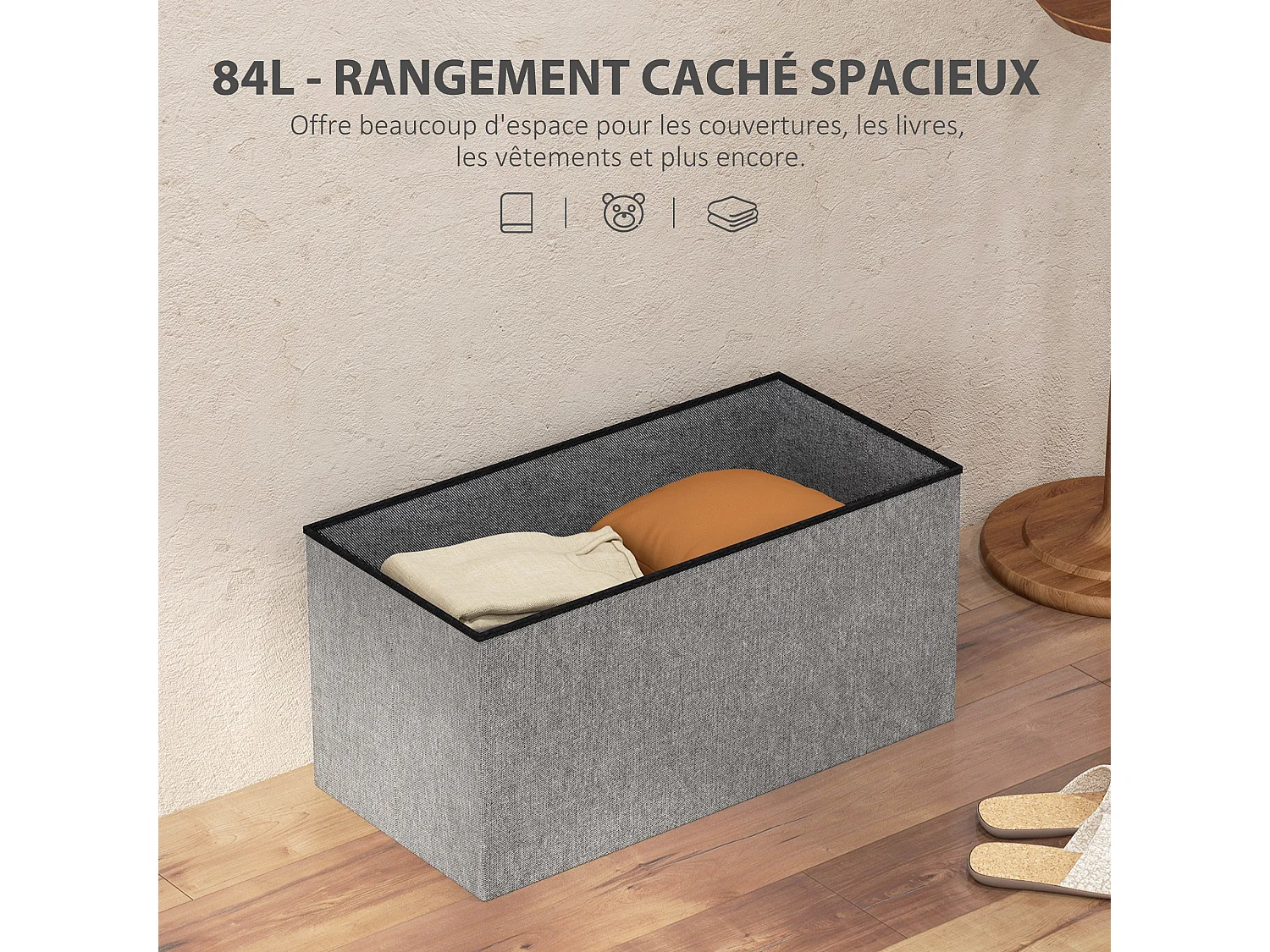 Banc coffre style Chesterfield effet capitonné dim.76L x 38l x 38H cm tissu gris chiné