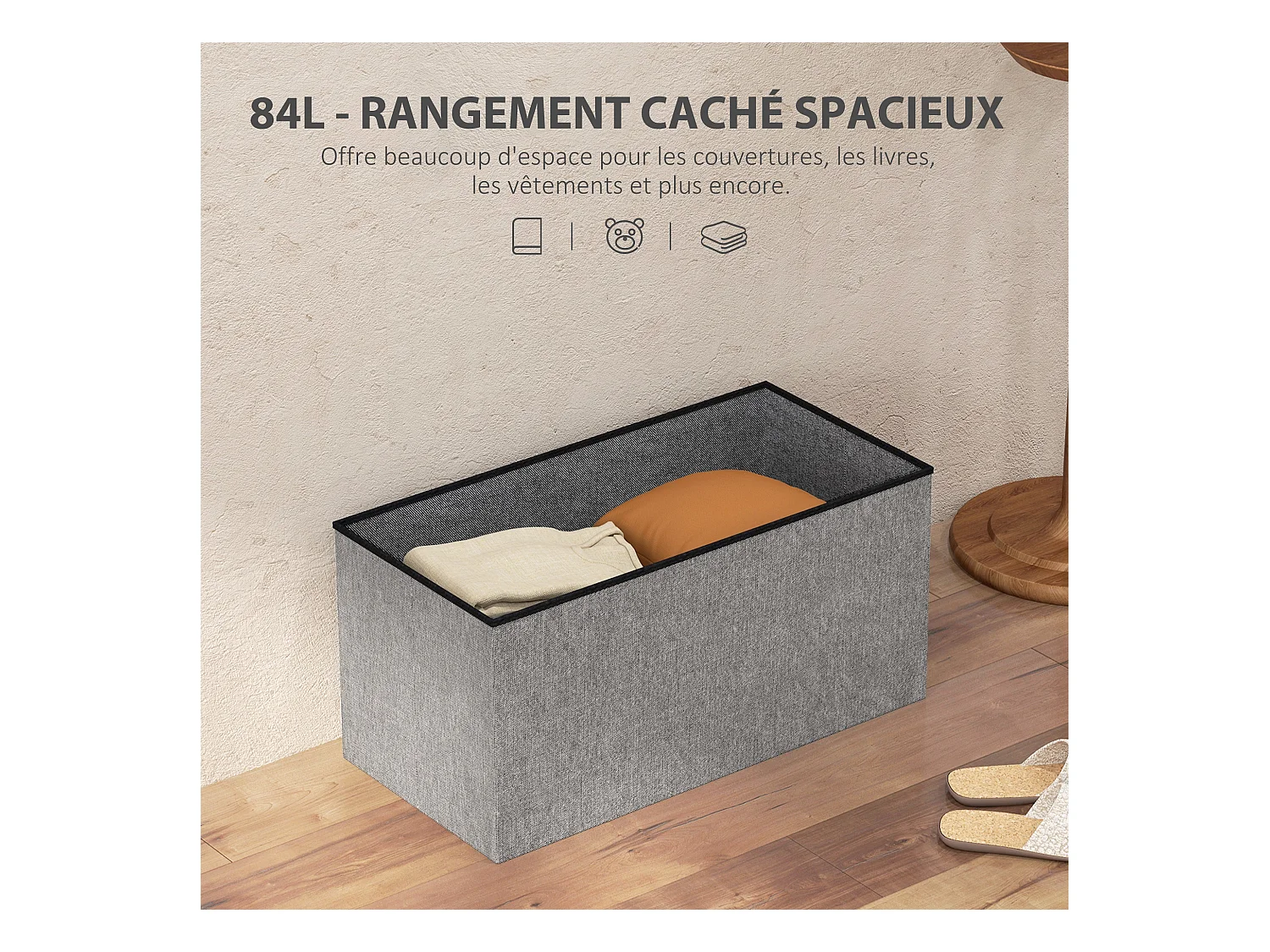 Banc coffre style Chesterfield effet capitonné dim.76L x 38l x 38H cm tissu gris chiné