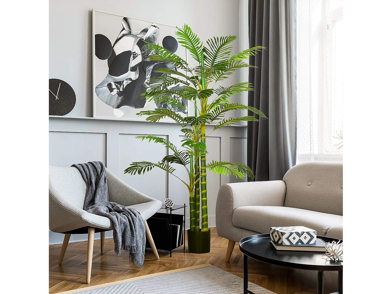 Palmier areca artificiel hauteur 190 cm plante artificielle tropicale avec 30 grandes feuilles grand réalisme en plastique pot inclus vert