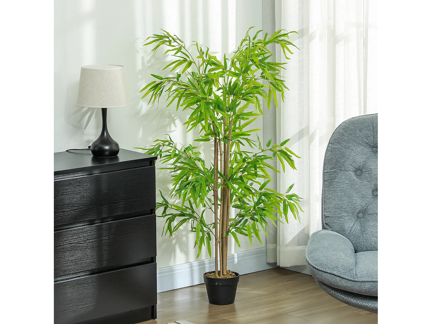 Bambou Artificiel Hauteur 1,5 m 644 Feuilles denses réalistes Pot Inclus Noir avec Lichen Vert