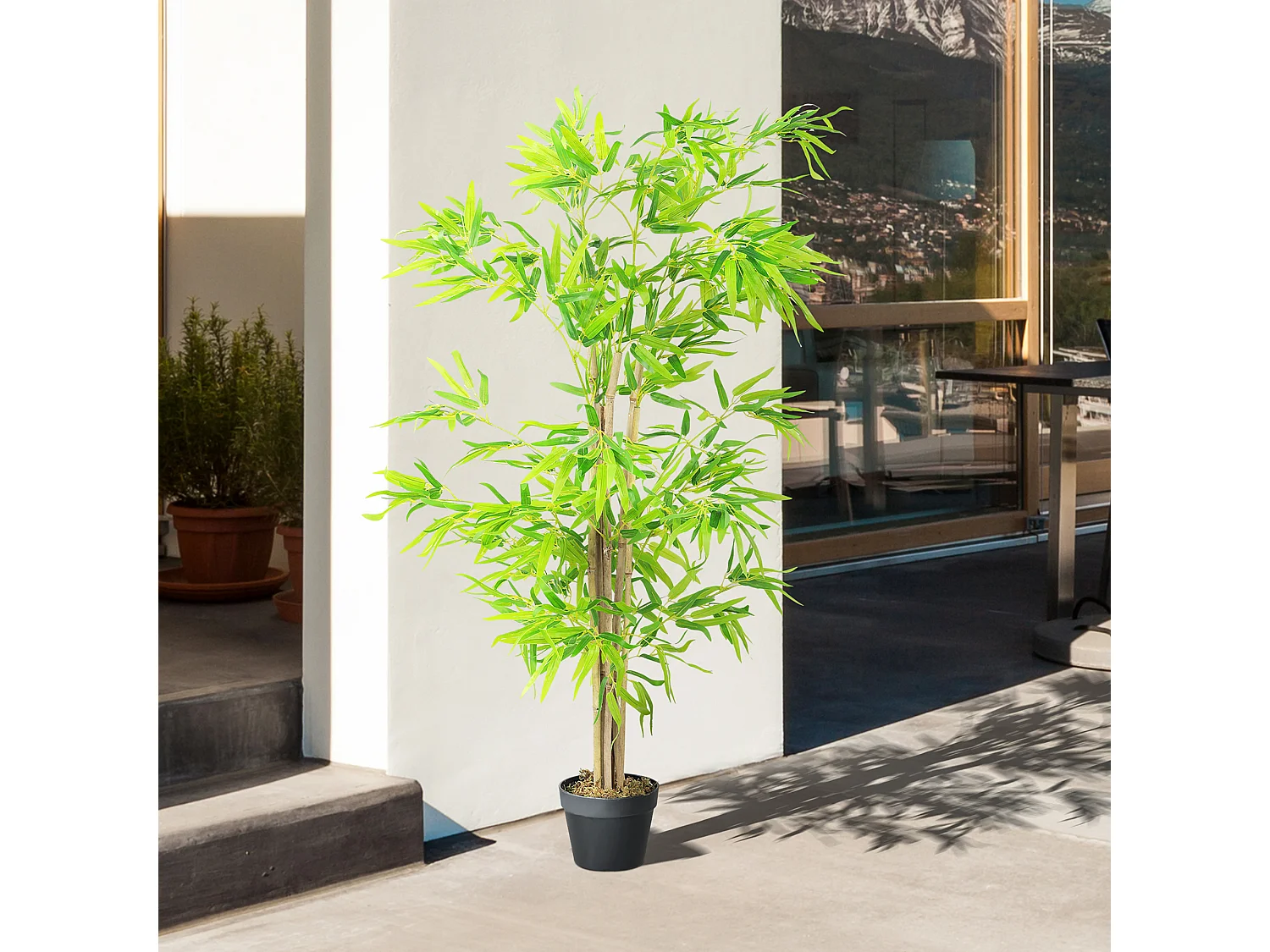 Bambou Artificiel Hauteur 1,5 m 644 Feuilles denses réalistes Pot Inclus Noir avec Lichen Vert