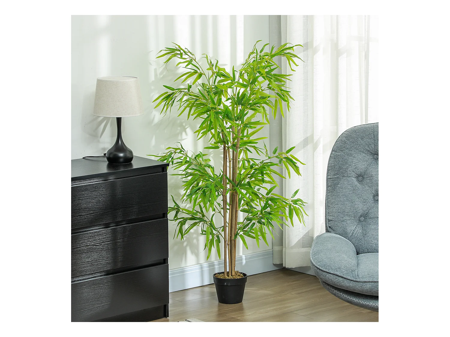 Bambou Artificiel Hauteur 1,5 m 644 Feuilles denses réalistes Pot Inclus Noir avec Lichen Vert