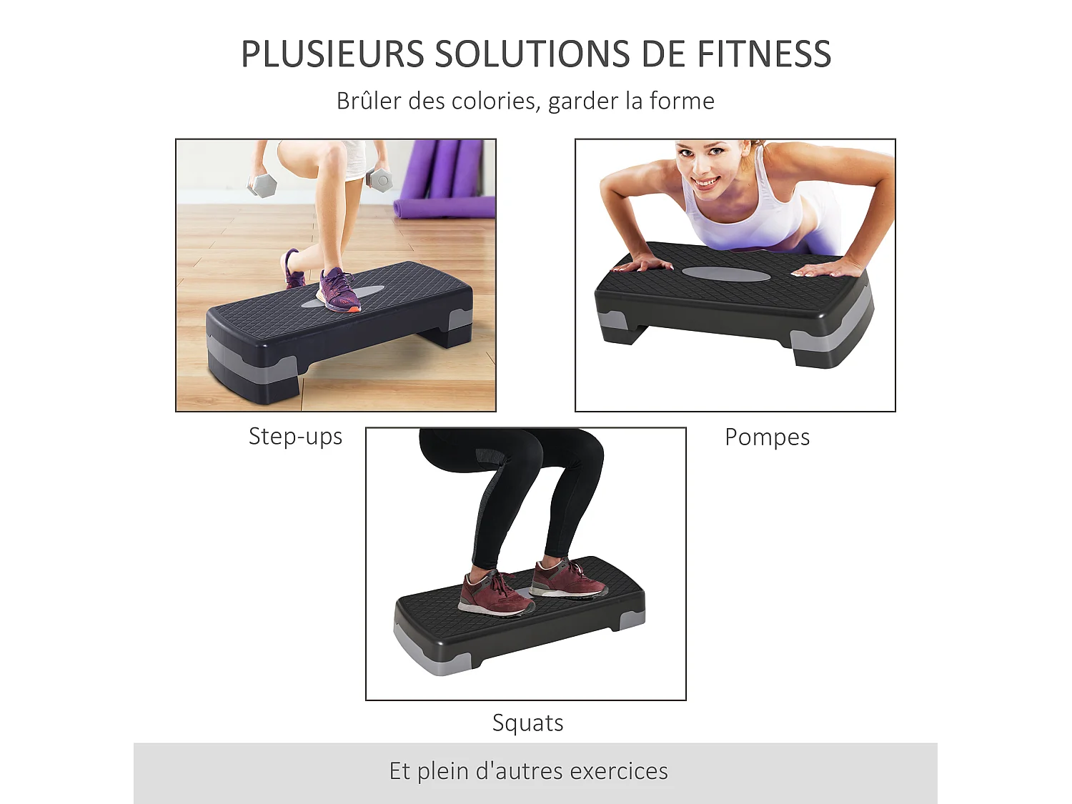 Stepper Fitness Aerobic hauteur reglable surface antiderapante dim. 68L x 29l x 10-15H cm plastique gris noir