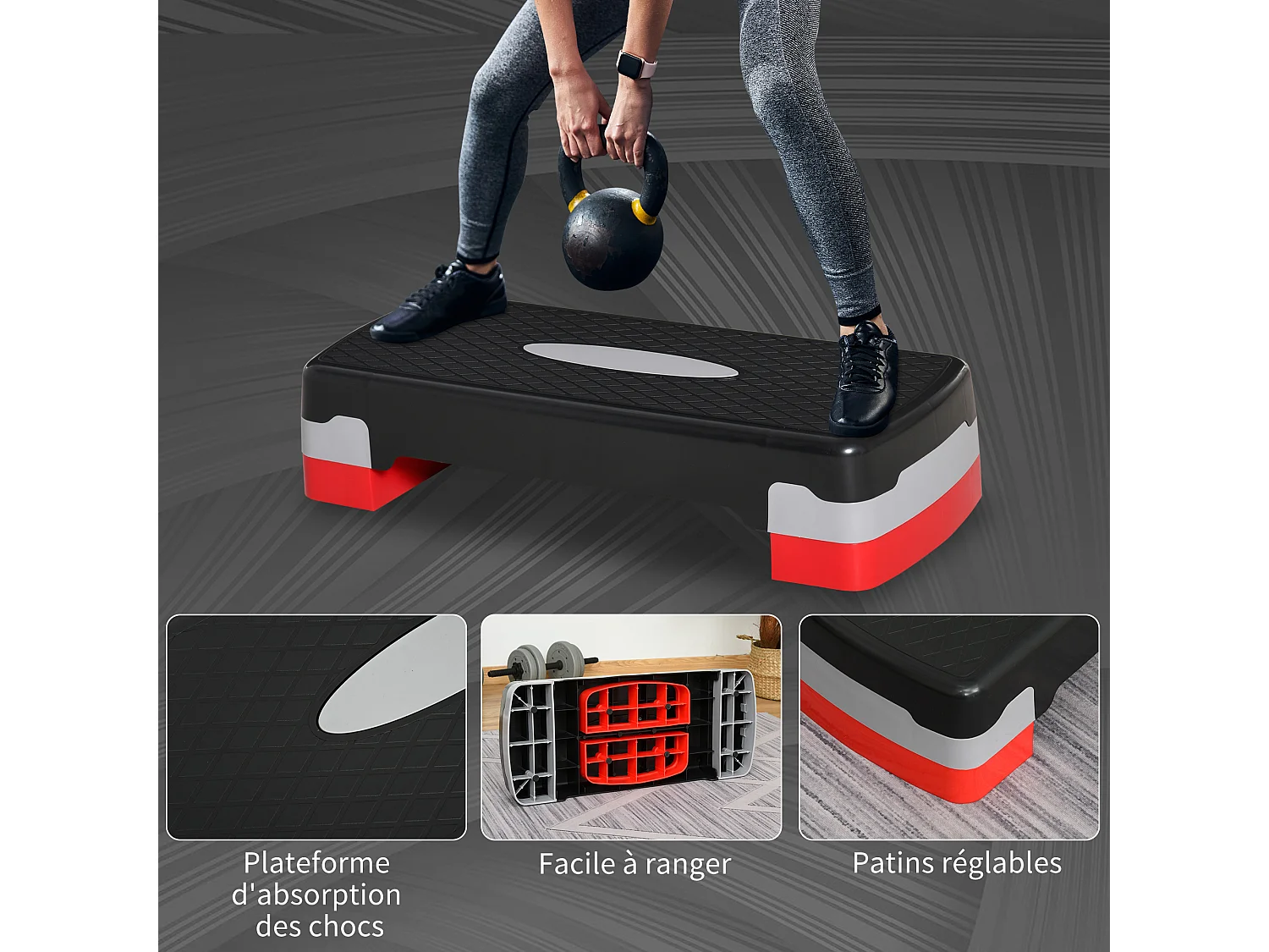 Stepper Fitness Aerobic hauteur reglable surface antiderapante dim. 68L x 29l x 10-15H cm plastique noir gris rouge