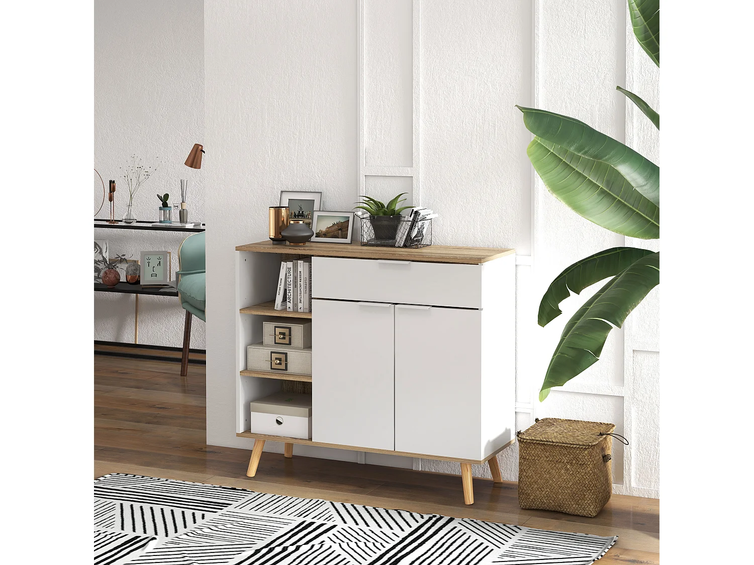 Buffet design scandinave - 2 portes, étagère, tiroir, 3 niches - piètement bois pin panneaux blanc aspect chêne clair