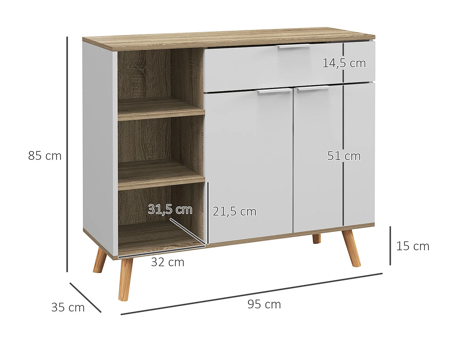 Buffet design scandinave - 2 portes, étagère, tiroir, 3 niches - piètement bois pin panneaux blanc aspect chêne clair