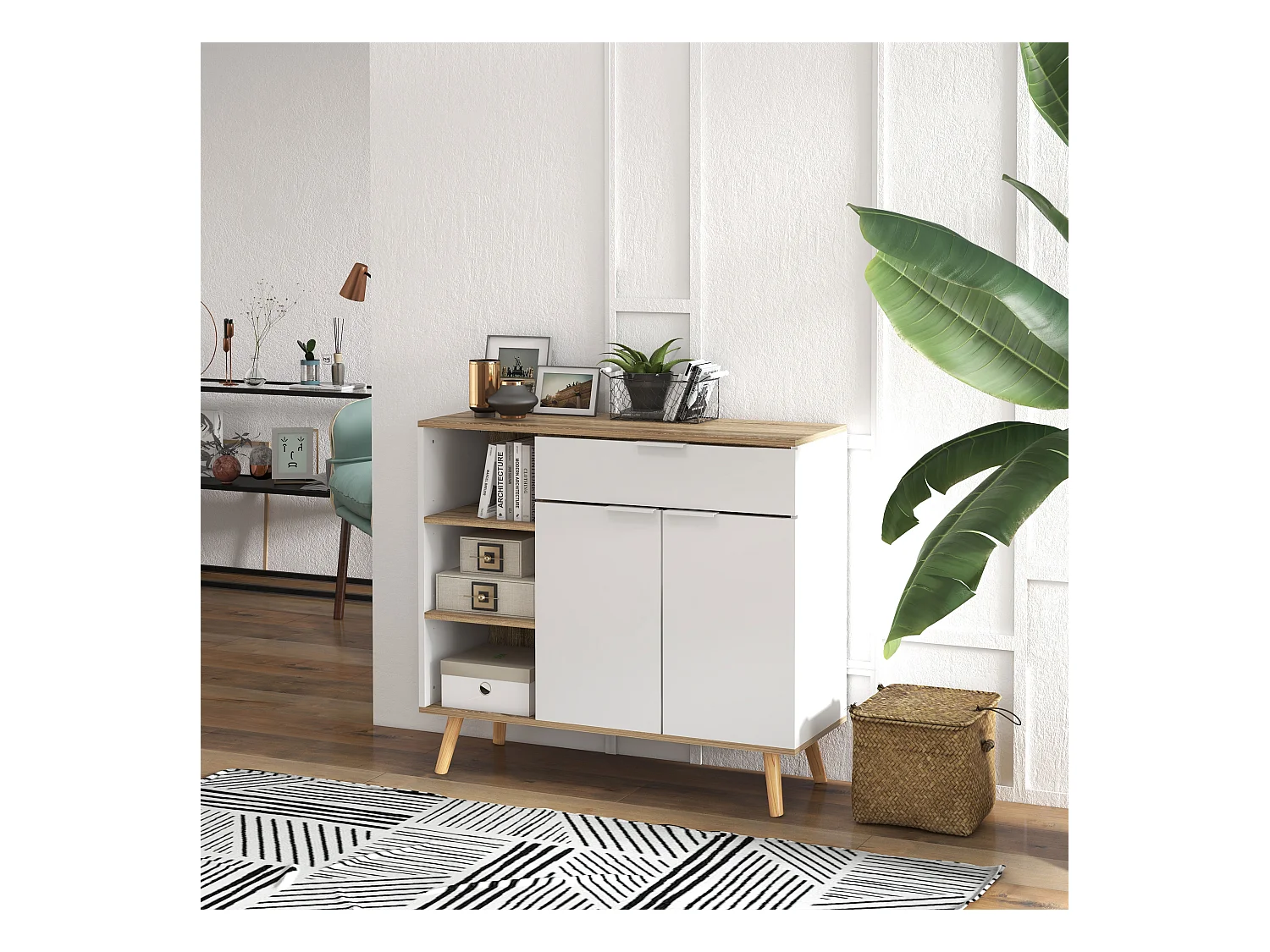 Buffet design scandinave - 2 portes, étagère, tiroir, 3 niches - piètement bois pin panneaux blanc aspect chêne clair