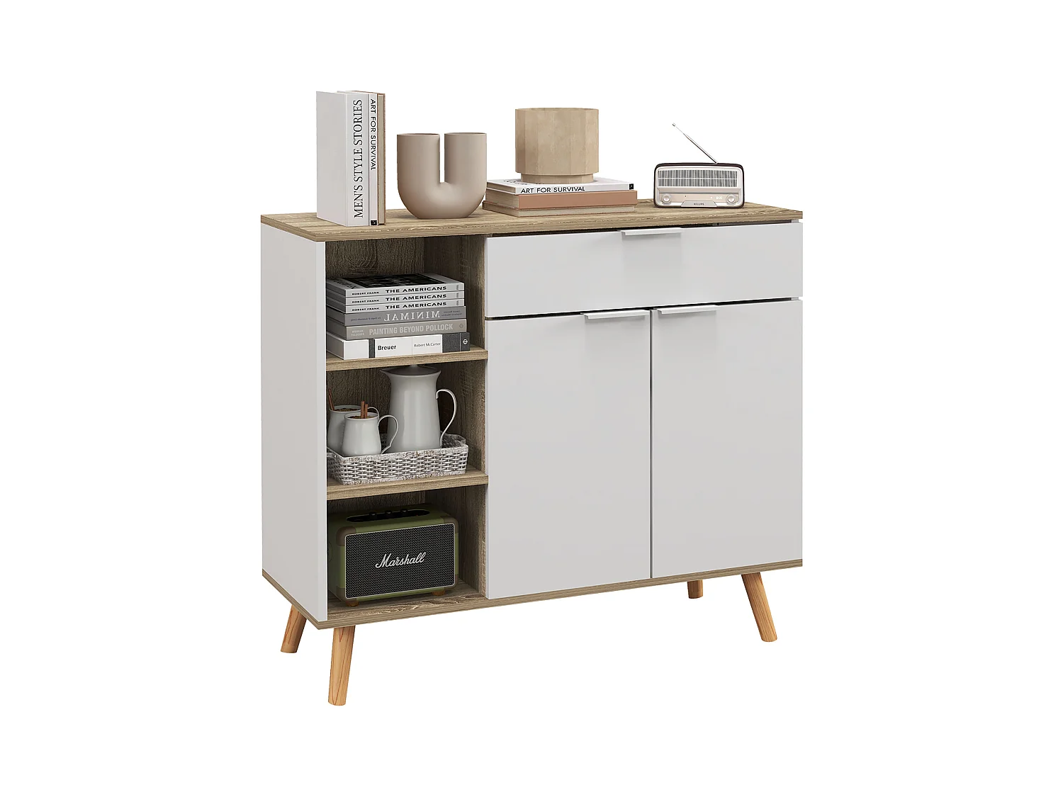 Buffet design scandinave - 2 portes, étagère, tiroir, 3 niches - piètement bois pin panneaux blanc aspect chêne clair
