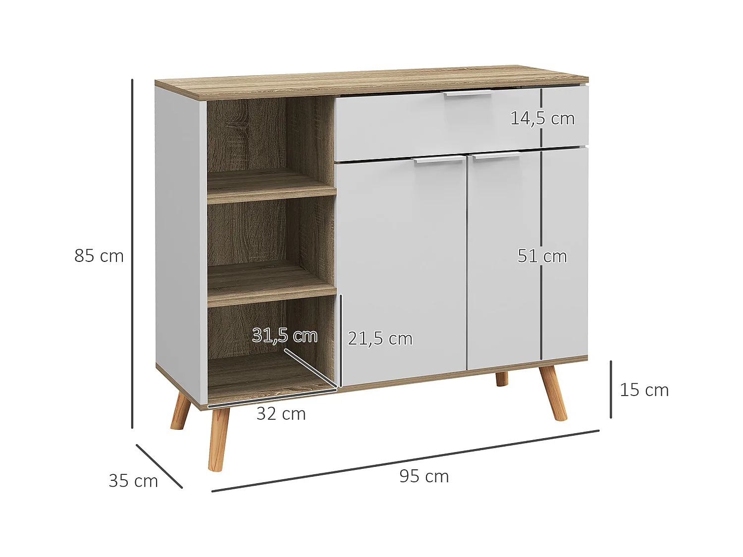 Buffet design scandinave - 2 portes, étagère, tiroir, 3 niches - piètement bois pin panneaux blanc aspect chêne clair
