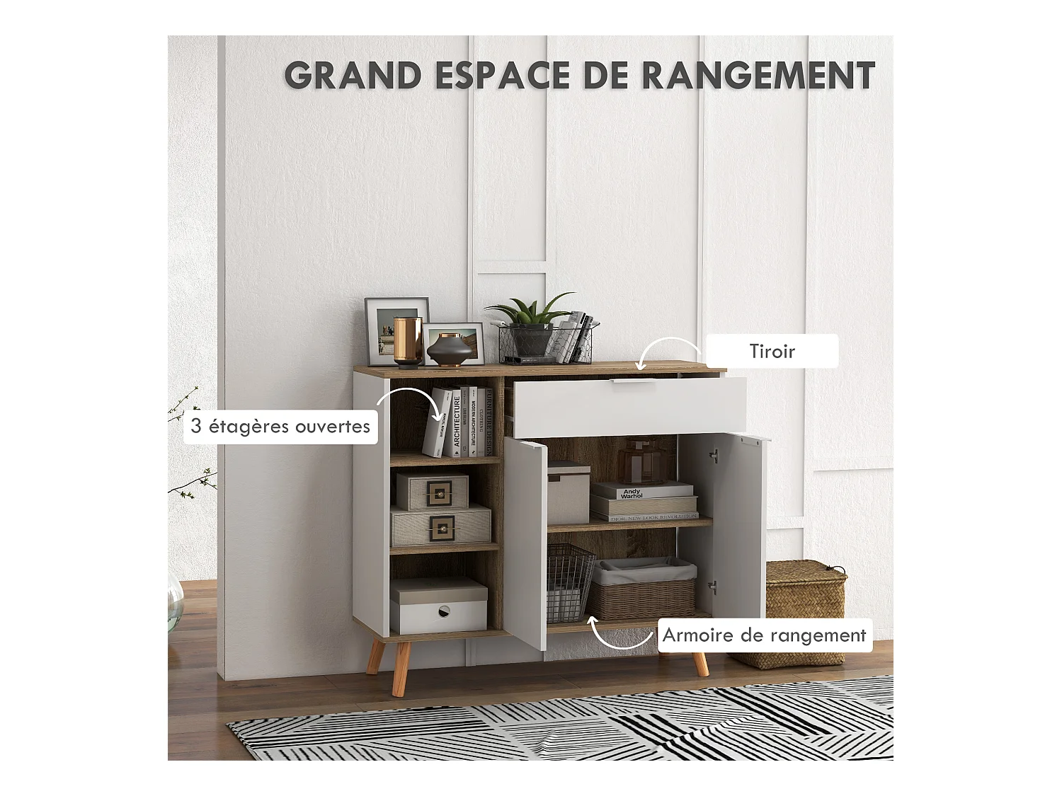 Buffet design scandinave - 2 portes, étagère, tiroir, 3 niches - piètement bois pin panneaux blanc aspect chêne clair