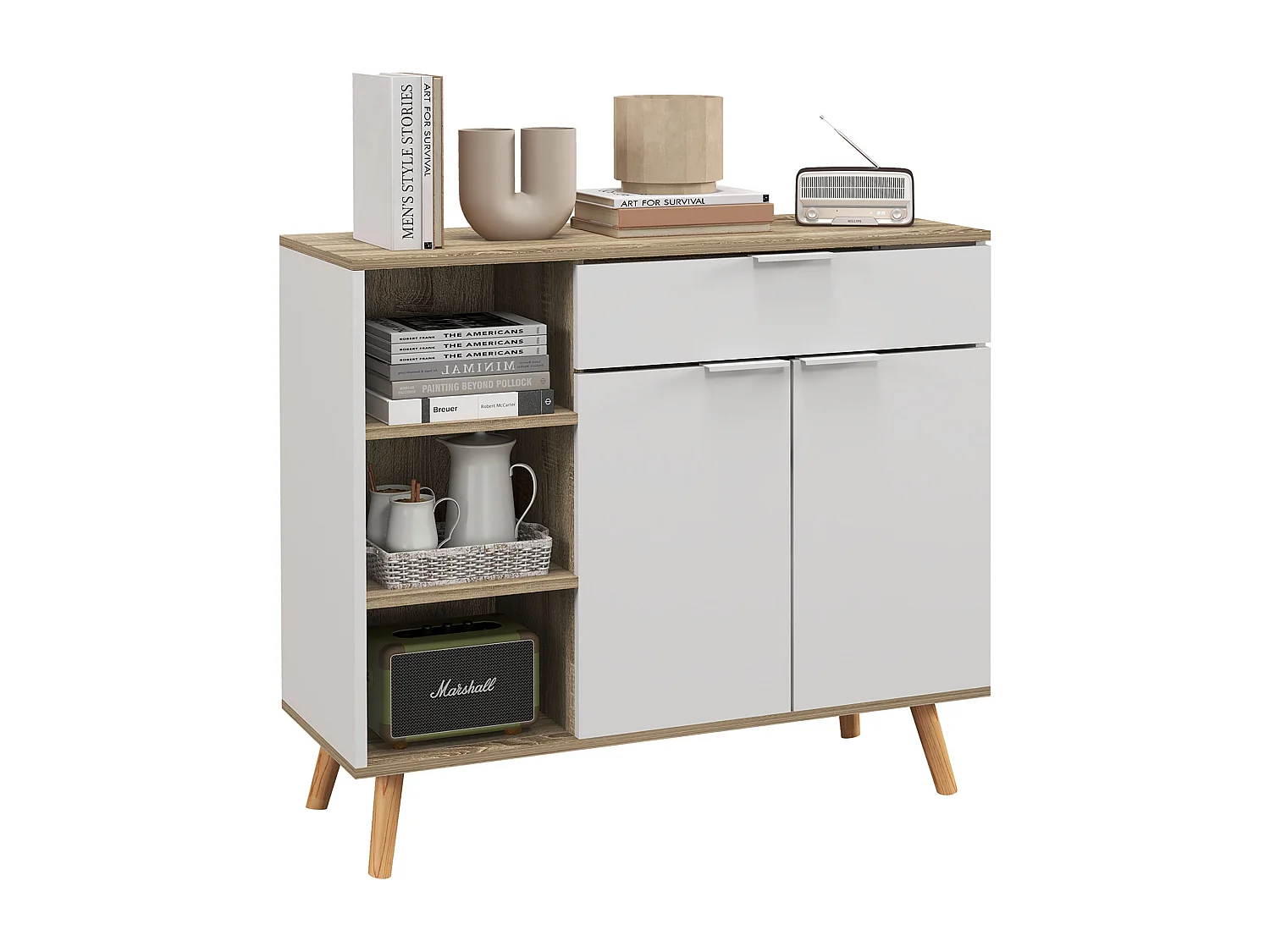 Buffet design scandinave - 2 portes, étagère, tiroir, 3 niches - piètement bois pin panneaux blanc aspect chêne clair