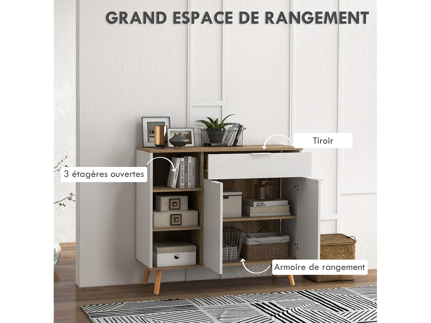 Buffet design scandinave - 2 portes, étagère, tiroir, 3 niches - piètement bois pin panneaux blanc aspect chêne clair