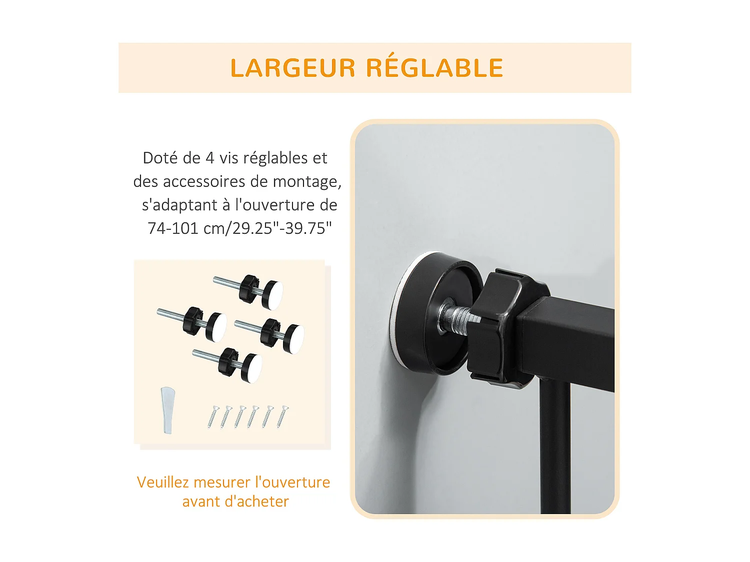 Barrière de sécurité chien H.104 cm - porte double verrouillage - sans perçage - acier noir