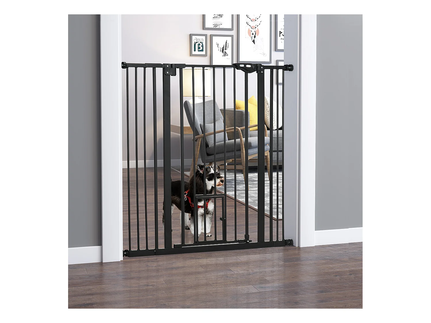Barrière de sécurité chien H.104 cm - porte double verrouillage - sans perçage - acier noir