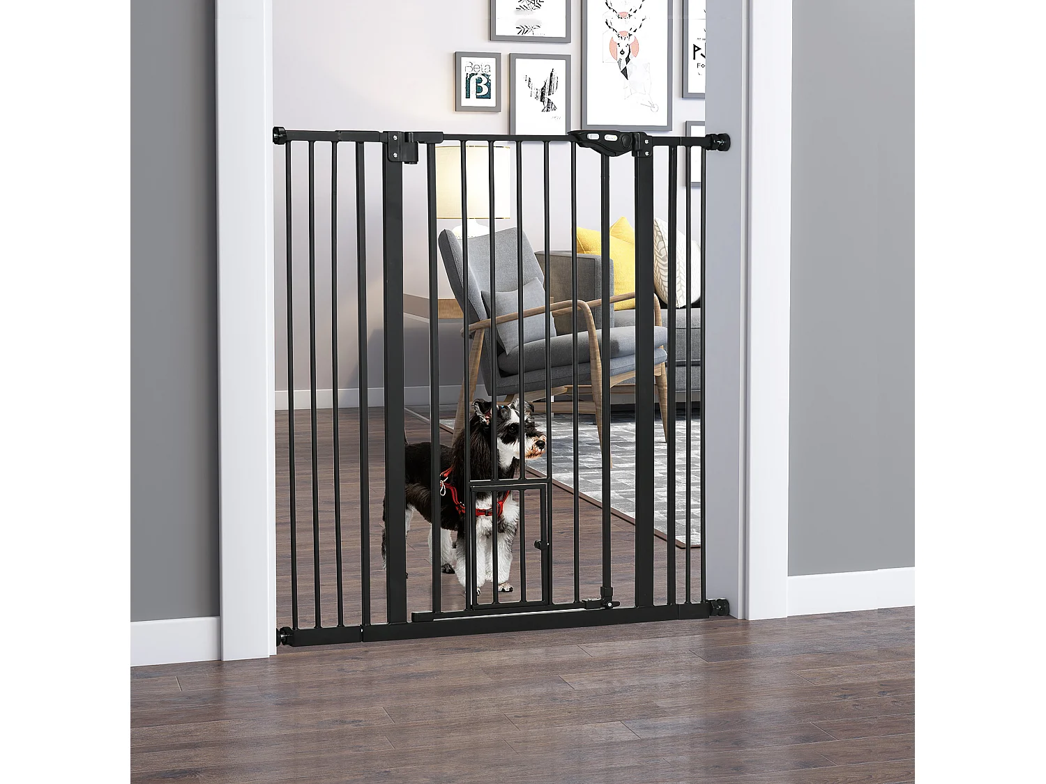 Barrière de sécurité chien H.104 cm - porte double verrouillage - sans perçage - acier noir