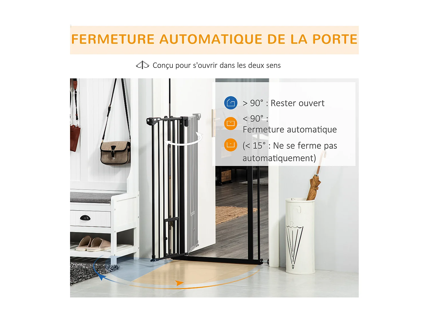 Barrière de sécurité chien H.104 cm - porte double verrouillage - sans perçage - acier noir