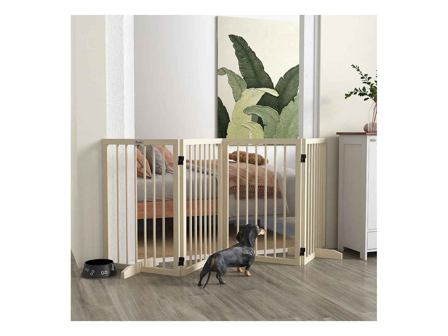 Barrière de sécurité chien 4 panneaux modulable autoportante dim. max. 206L x 35l x 76H cm bois clair