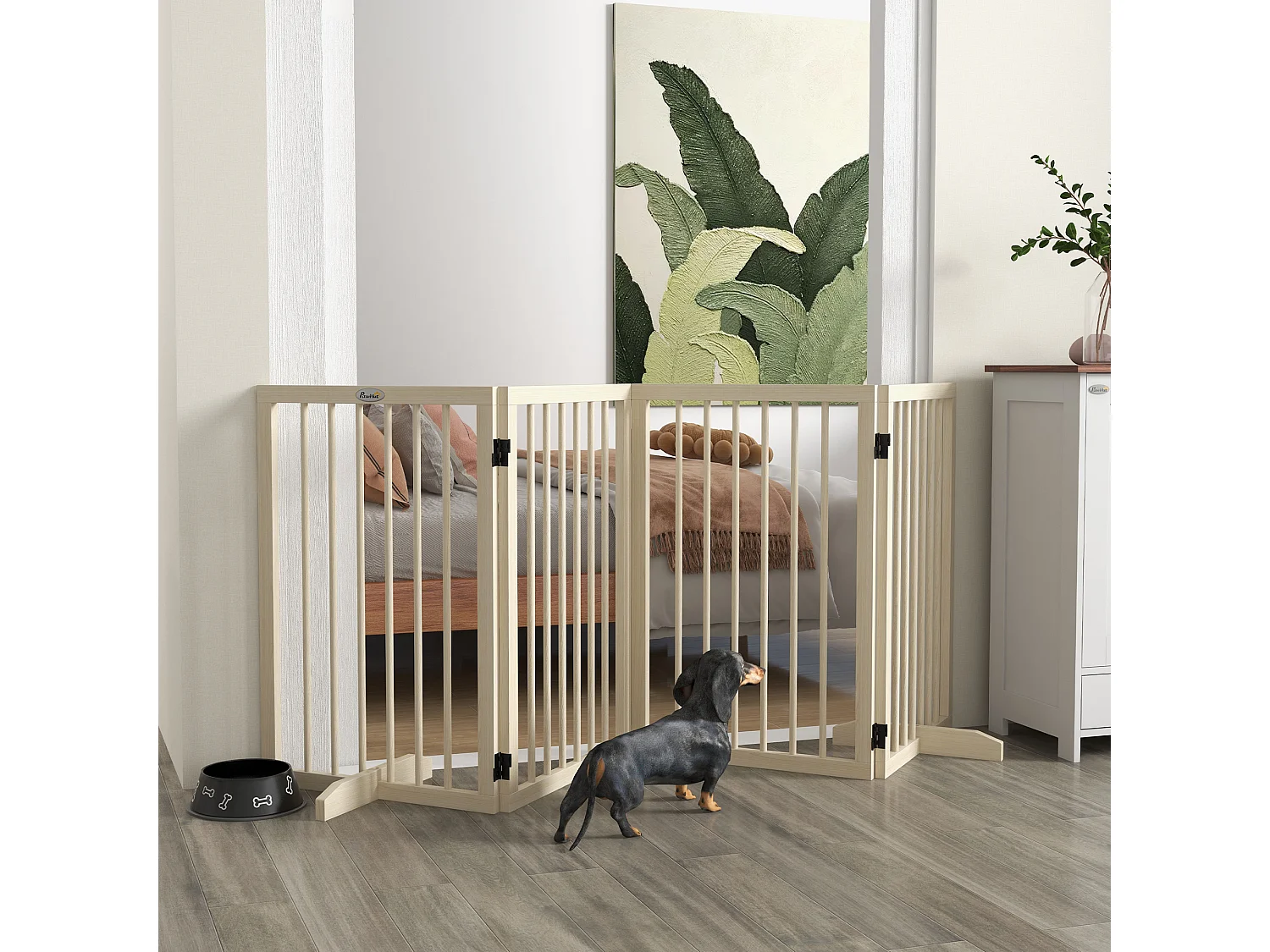 Barrière de sécurité chien 4 panneaux modulable autoportante dim. max. 206L x 35l x 76H cm bois clair