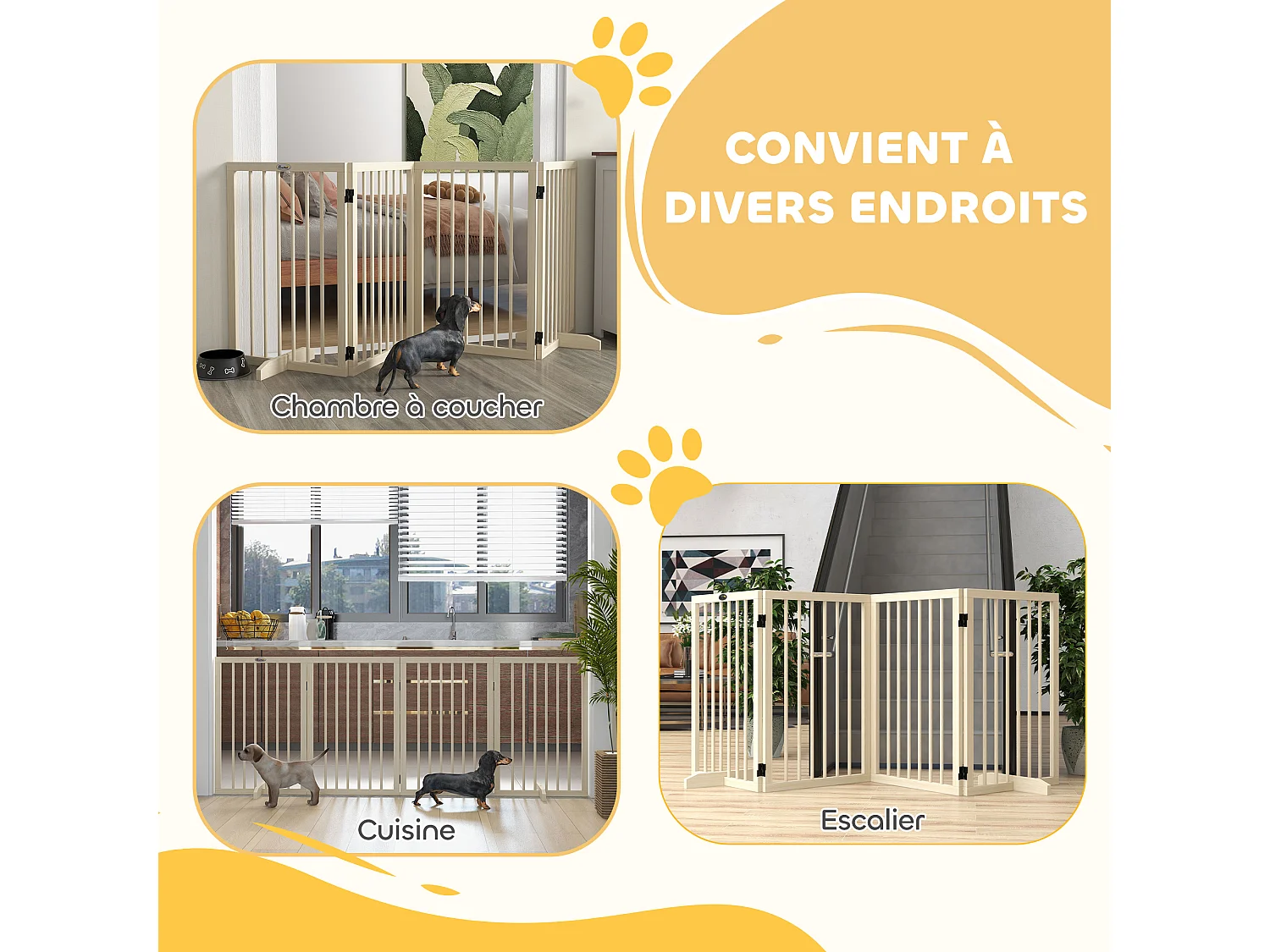 Barrière de sécurité chien 4 panneaux modulable autoportante dim. max. 206L x 35l x 76H cm bois clair