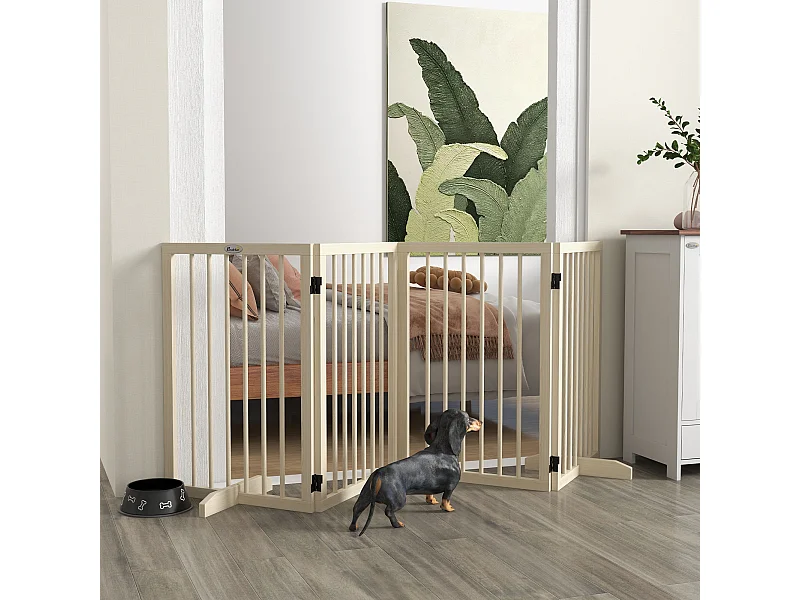 Barrière de sécurité chien 4 panneaux modulable autoportante dim. max. 206L x 35l x 76H cm bois clair