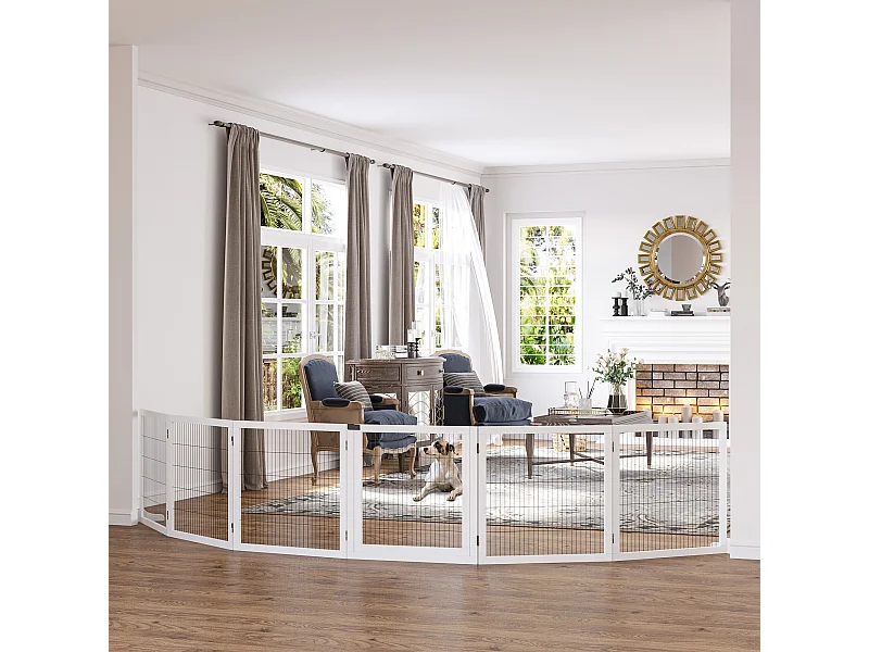 Barrière de sécurité parc enclos chien modulable pliable porte verrouillable intégrée 5 panneaux grillage acier noir bois de pin blanc