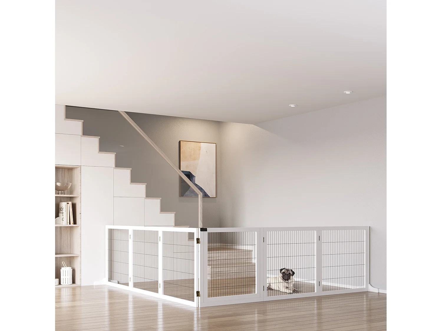 Barrière de sécurité parc enclos chien modulable pliable porte verrouillable intégrée 5 panneaux grillage acier noir bois de pin blanc