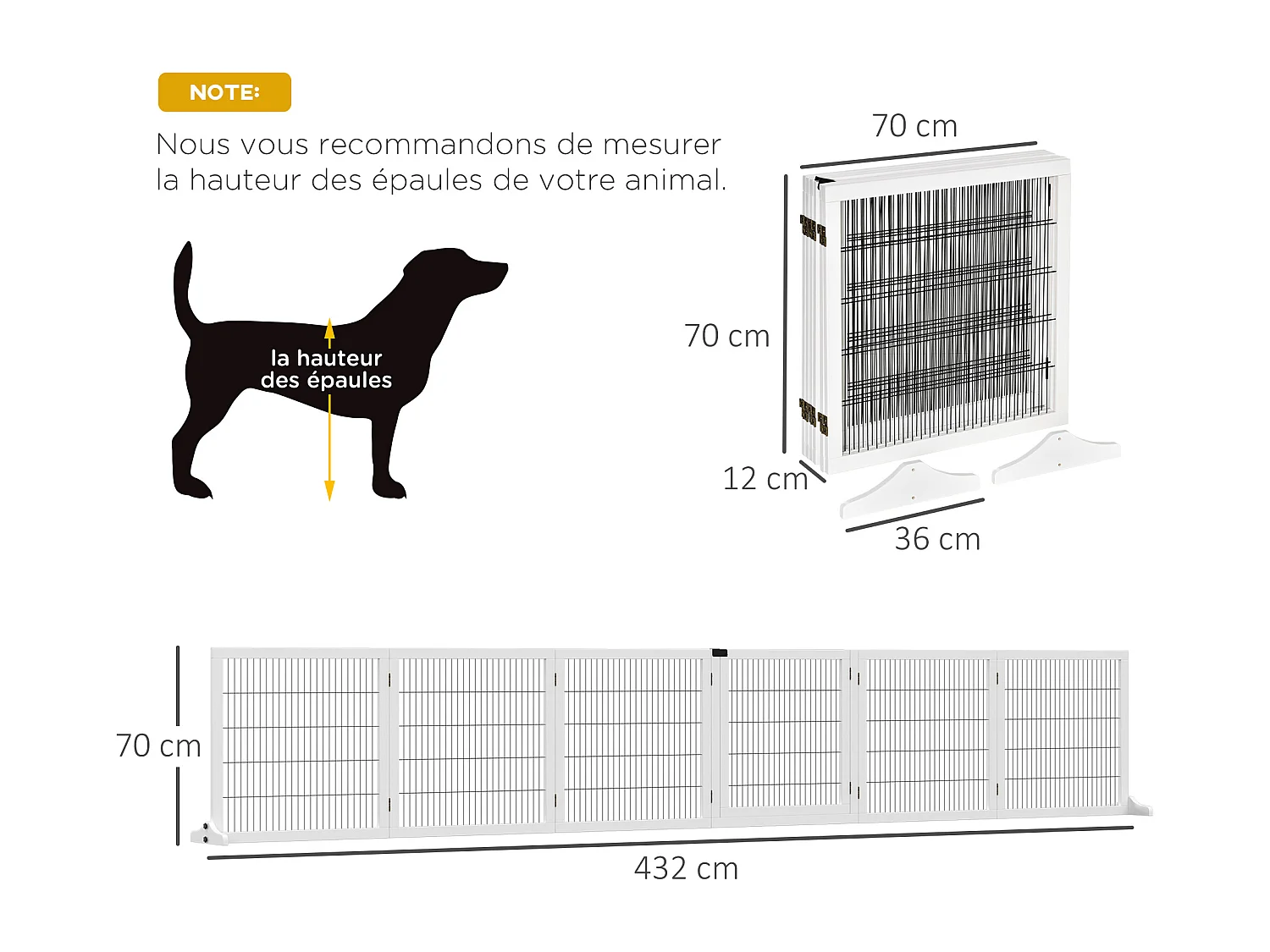 Barrière de sécurité parc enclos chien modulable pliable porte verrouillable intégrée 5 panneaux grillage acier noir bois de pin blanc
