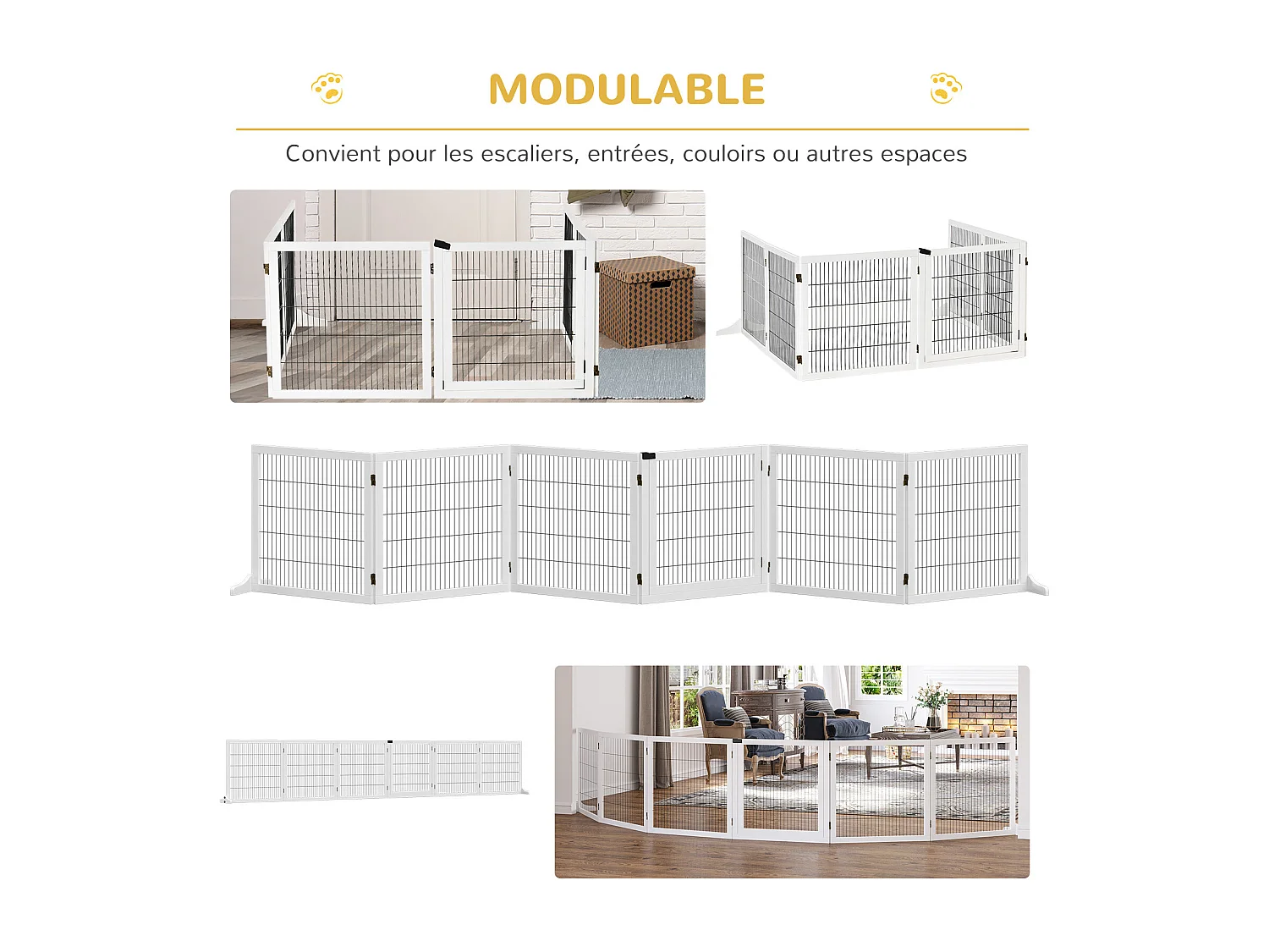 Barrière de sécurité parc enclos chien modulable pliable porte verrouillable intégrée 5 panneaux grillage acier noir bois de pin blanc