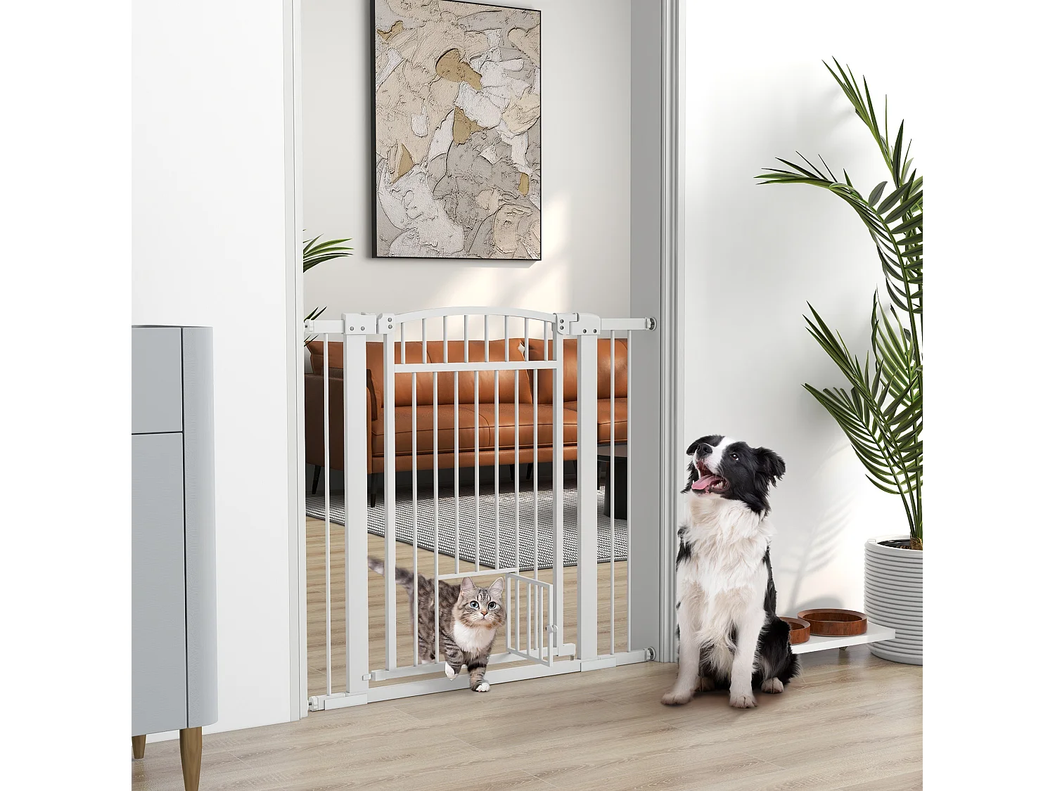 Barrière de sécurité pour chien - barrière à pression ajustable - 2 portes verrouillables - acier blanc