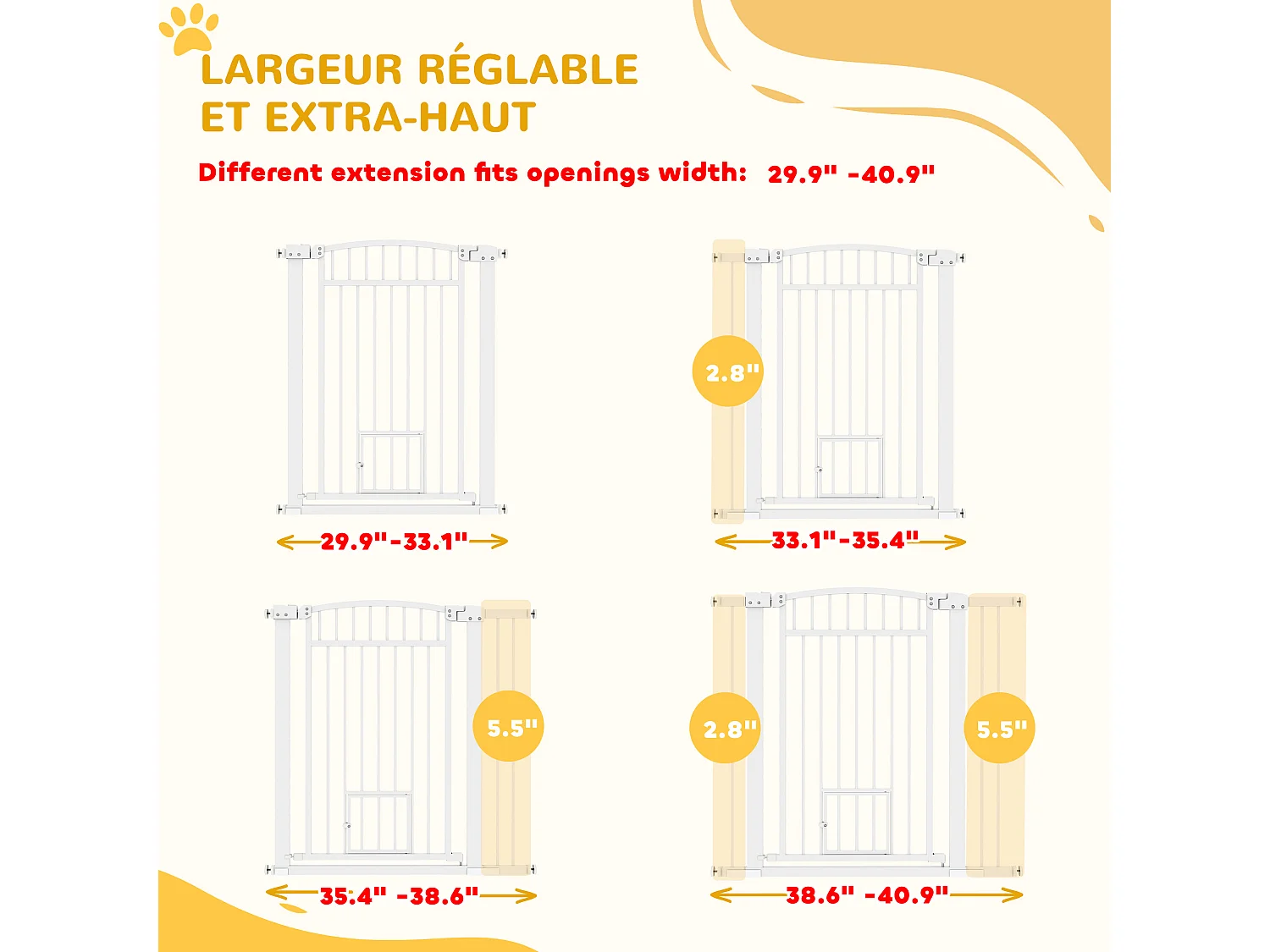 Barrière de sécurité pour chien - barrière à pression ajustable - 2 portes verrouillables - acier blanc