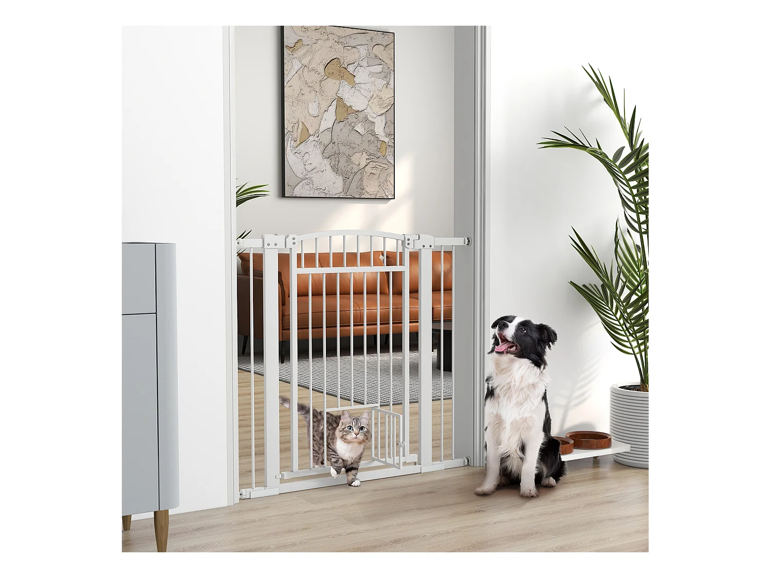 Barrière de sécurité pour chien - barrière à pression ajustable - 2 portes verrouillables - acier blanc