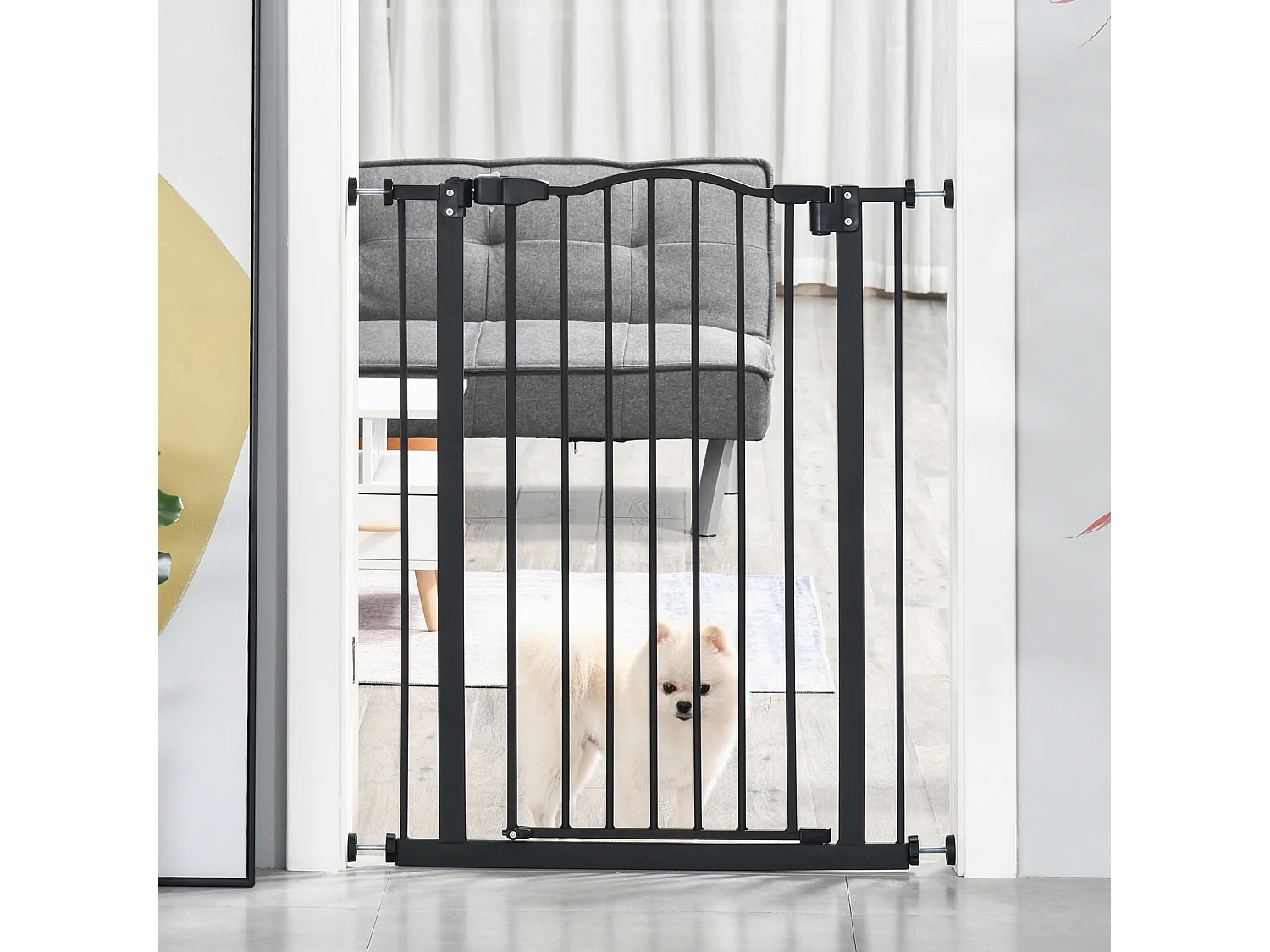 Barrière de sécurité pour chien extensible 74-80 cm -H. 94 cm - sans perçage, double verrouillage - métal noir