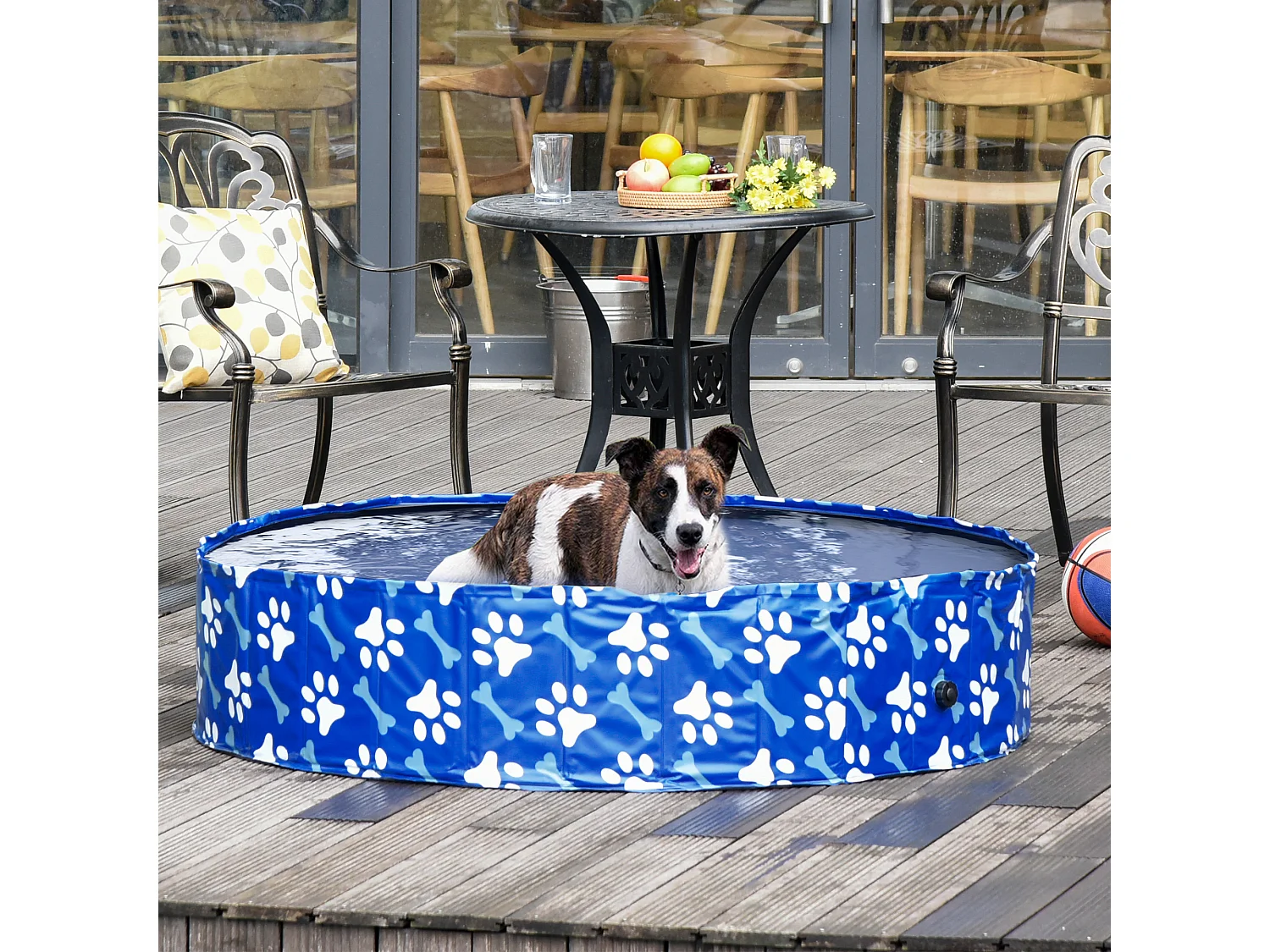 Piscine pour chien bassin PVC pliable anti-glissant facile à nettoyer Ø 1,4 m hauteur 30 cm motifs os pattes bleu