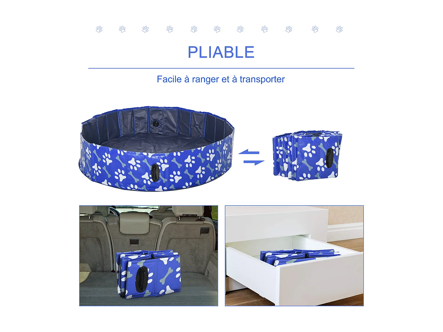 Piscine pour chien bassin PVC pliable anti-glissant facile à nettoyer Ø 1,4 m hauteur 30 cm motifs os pattes bleu
