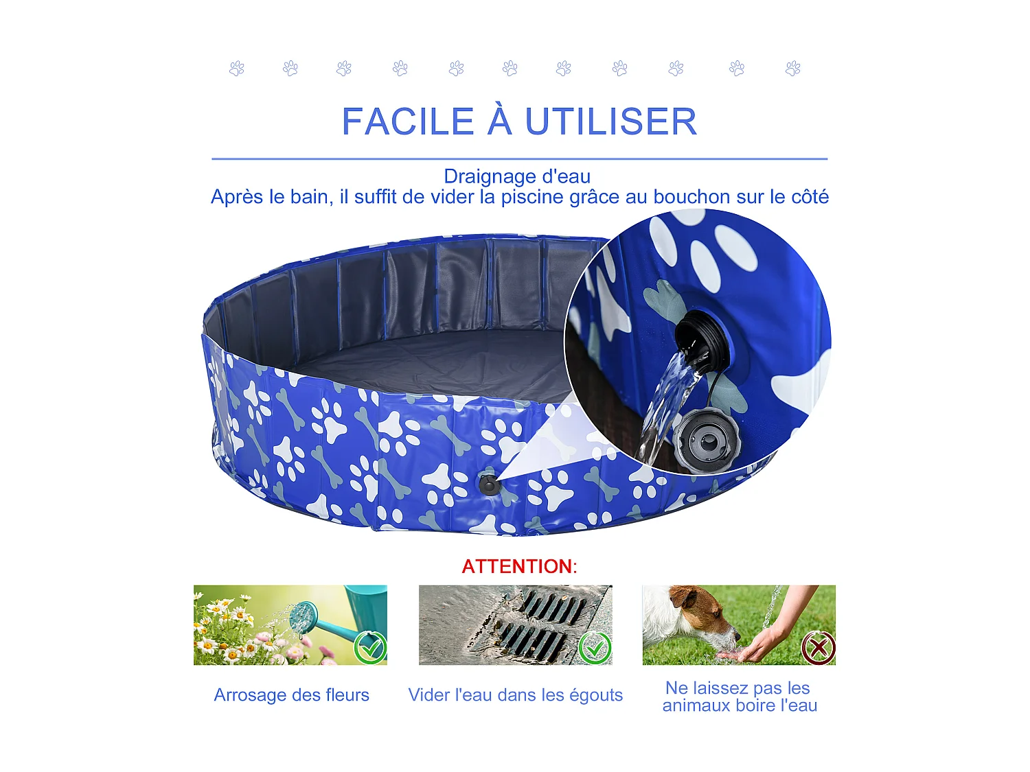 Piscine pour chien bassin PVC pliable anti-glissant facile à nettoyer Ø 1,4 m hauteur 30 cm motifs os pattes bleu