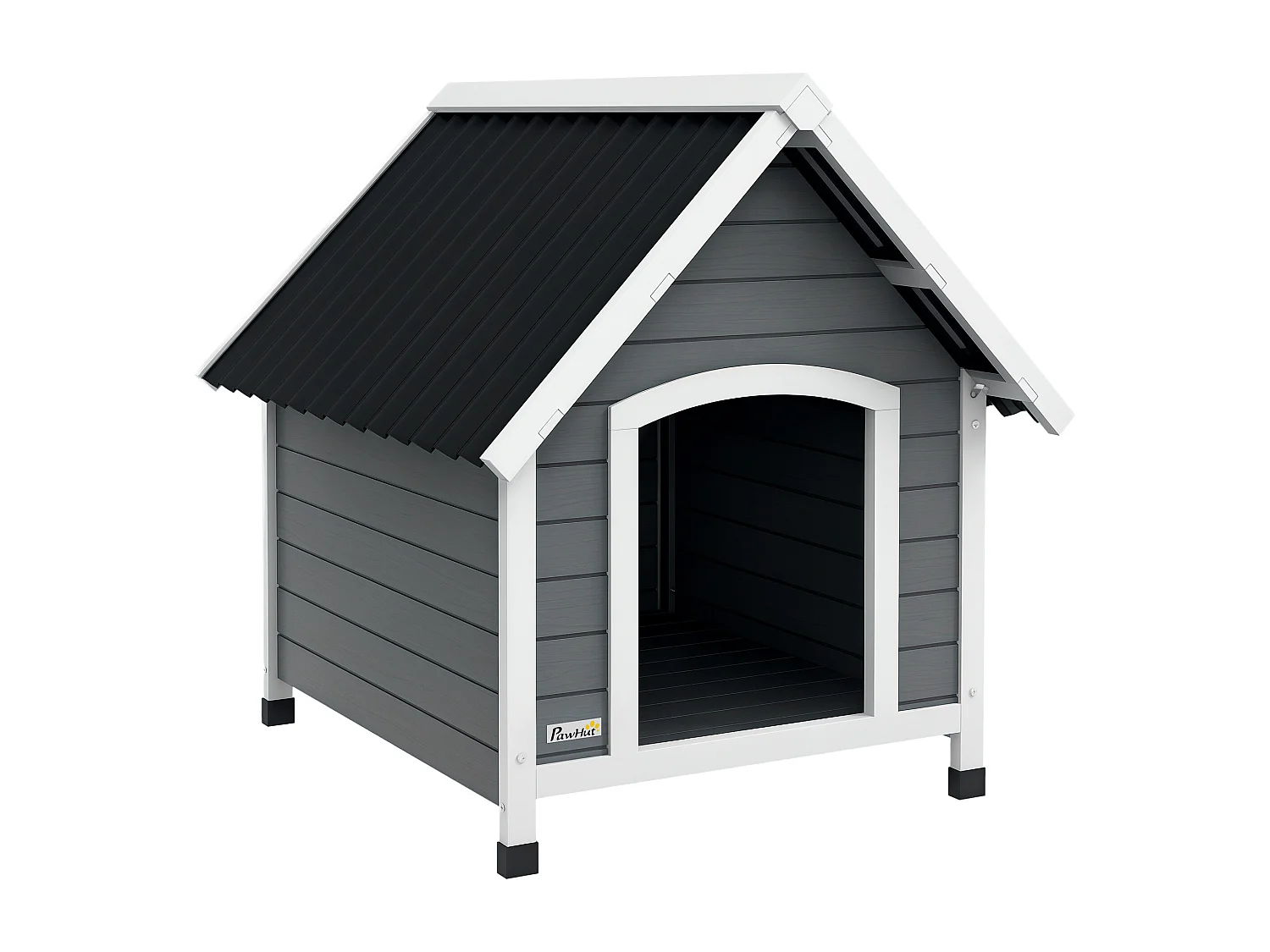 Niche pour chien design chalet sur pied - toit double pente, plancher amovible - plastique noir bois blanc gris