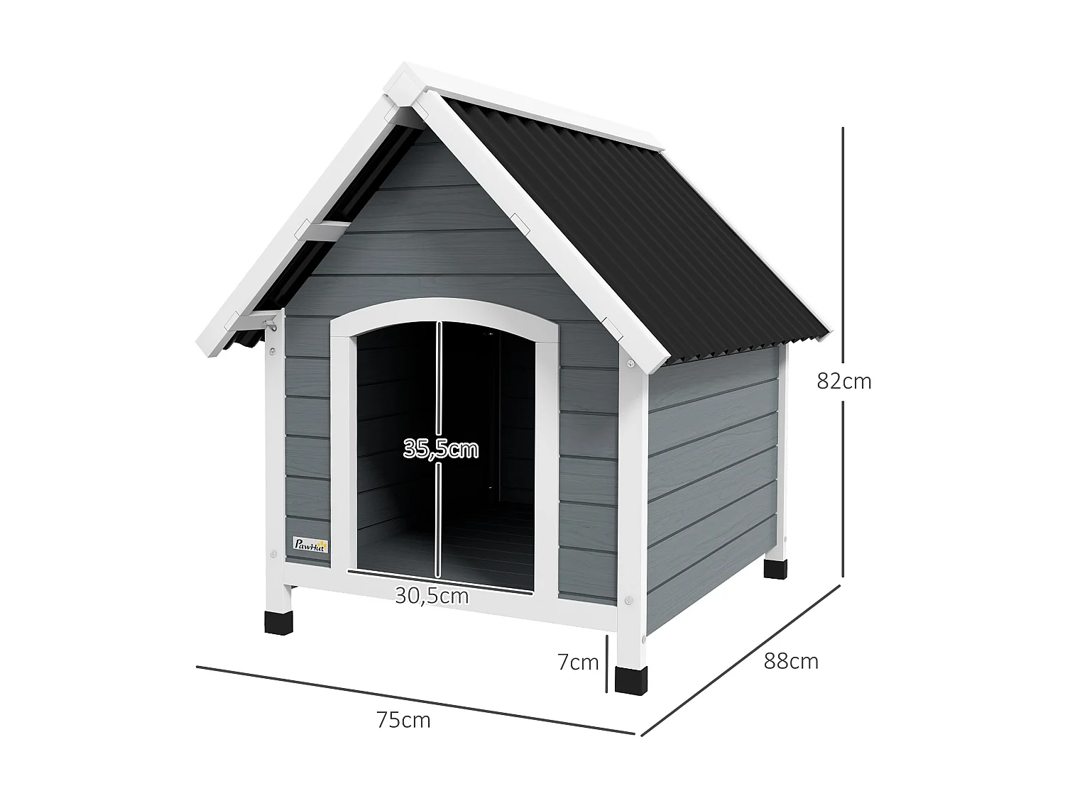 Niche pour chien design chalet sur pied - toit double pente, plancher amovible - plastique noir bois blanc gris