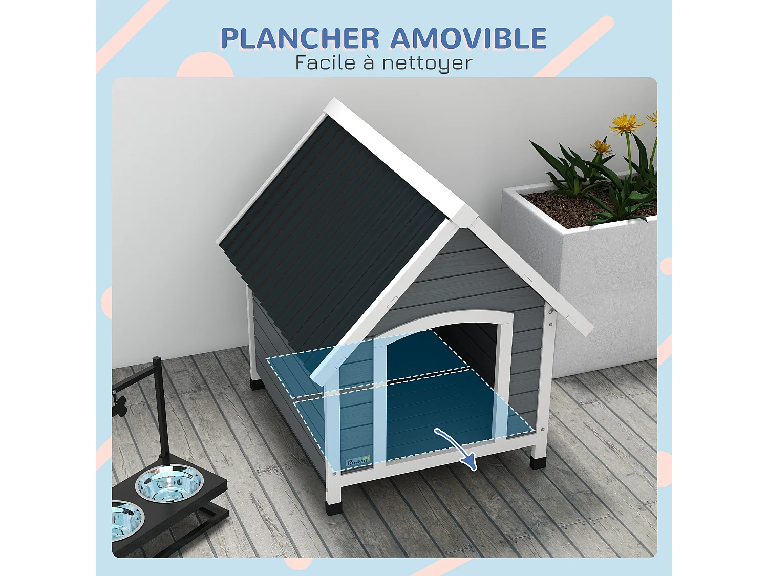Niche pour chien design chalet sur pied - toit double pente, plancher amovible - plastique noir bois blanc gris
