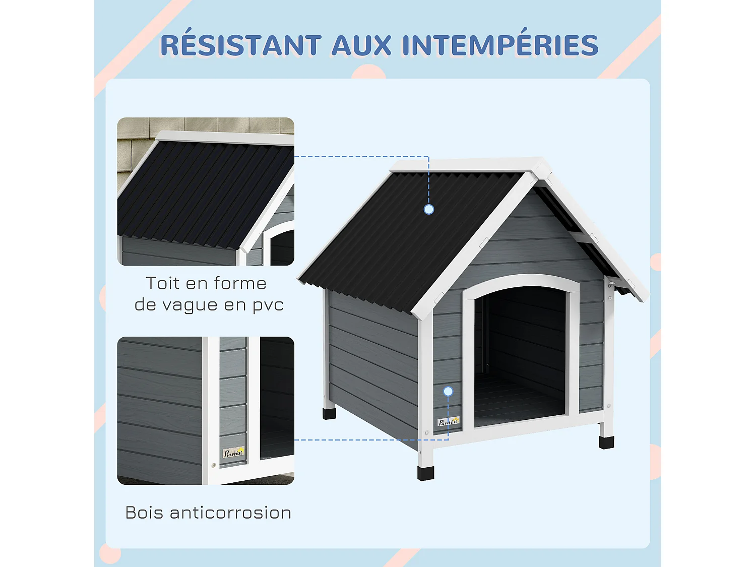Niche pour chien design chalet sur pied - toit double pente, plancher amovible - plastique noir bois blanc gris
