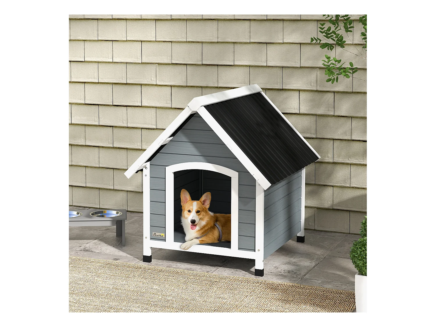 Niche pour chien design chalet sur pied - toit double pente, plancher amovible - plastique noir bois blanc gris