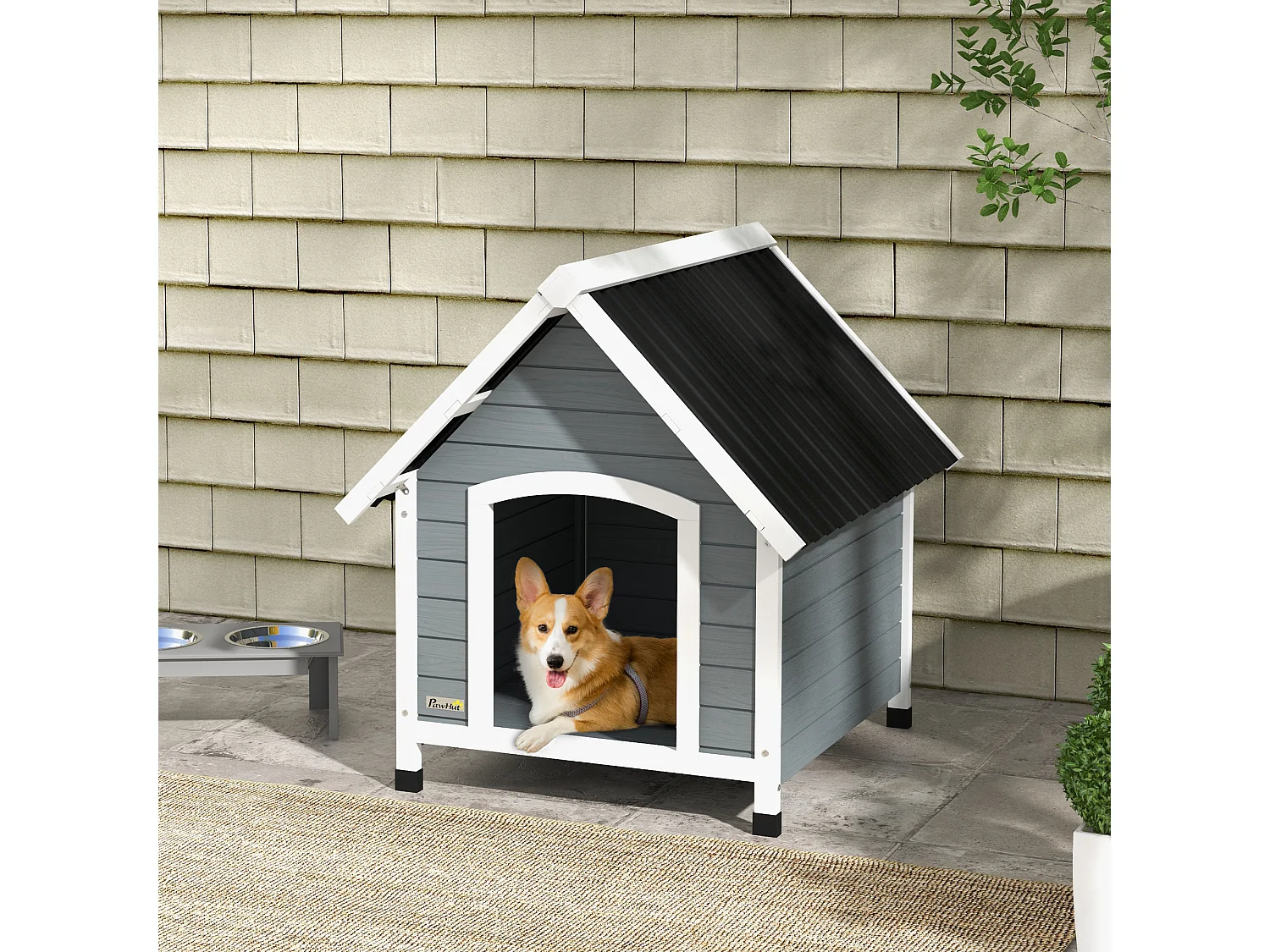 Niche pour chien design chalet sur pied - toit double pente, plancher amovible - plastique noir bois blanc gris