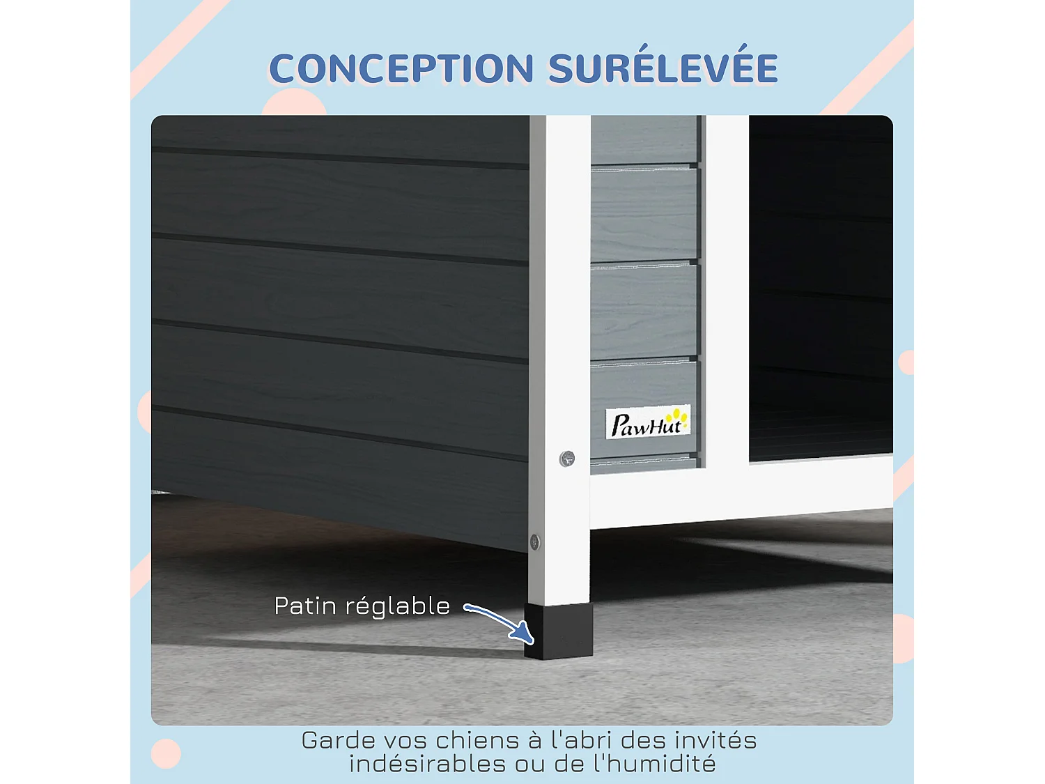 Niche pour chien design chalet sur pied - toit double pente, plancher amovible - plastique noir bois blanc gris