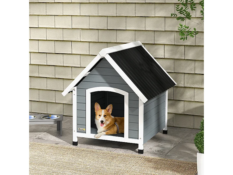 Niche pour chien design chalet sur pied - toit double pente, plancher amovible - plastique noir bois blanc gris