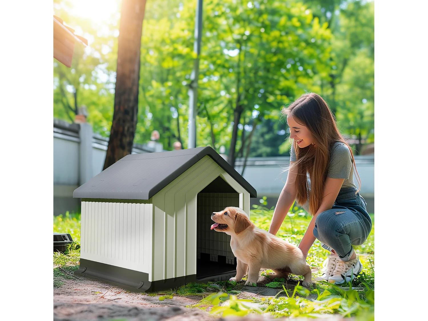 Niche chien extérieure - maison chien - niche plastique - grille d'aération - dim. 62L x 61l x 60H cm - blanc gris noir