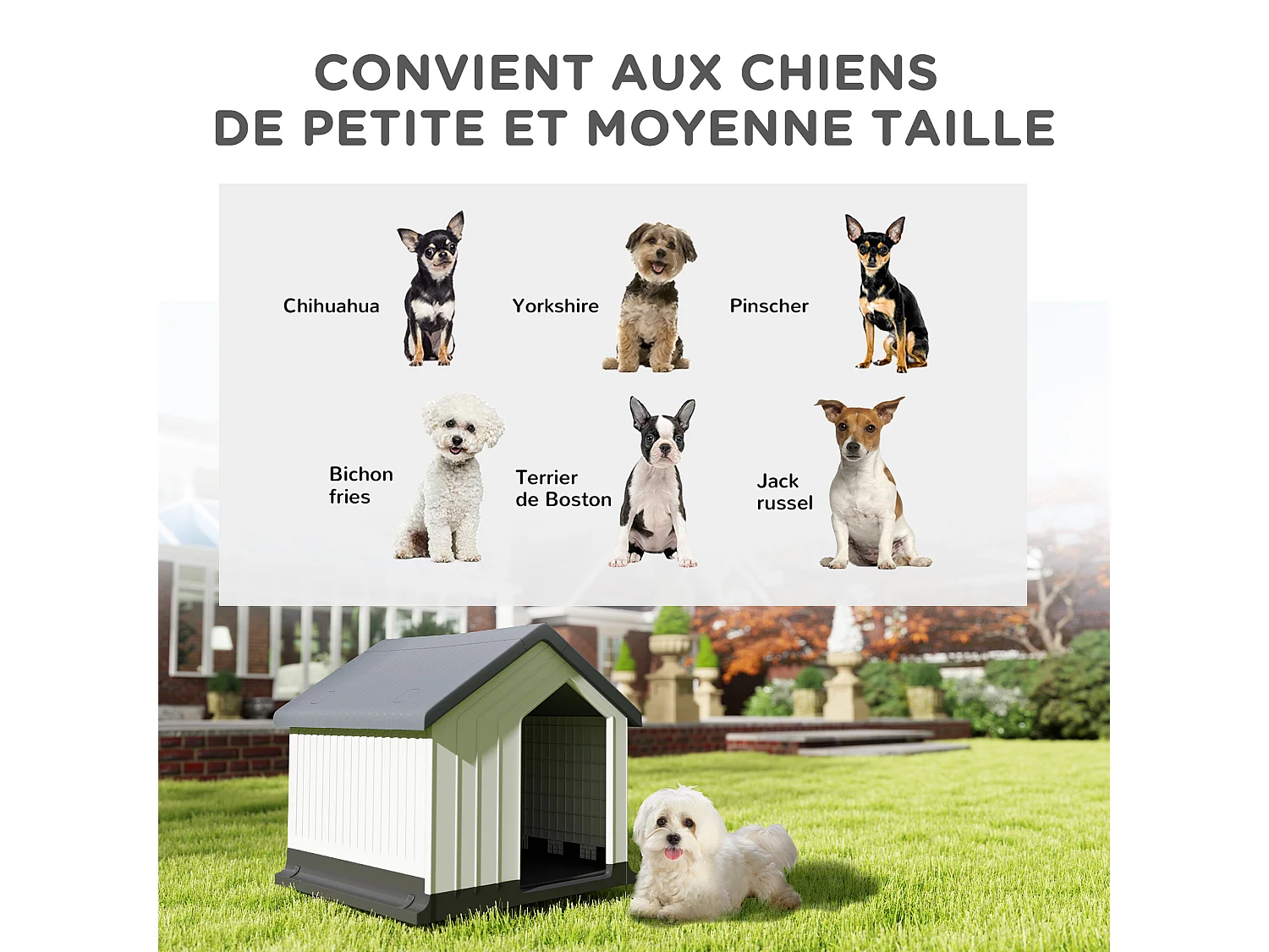 Niche chien extérieure - maison chien - niche plastique - grille d'aération - dim. 62L x 61l x 60H cm - blanc gris noir