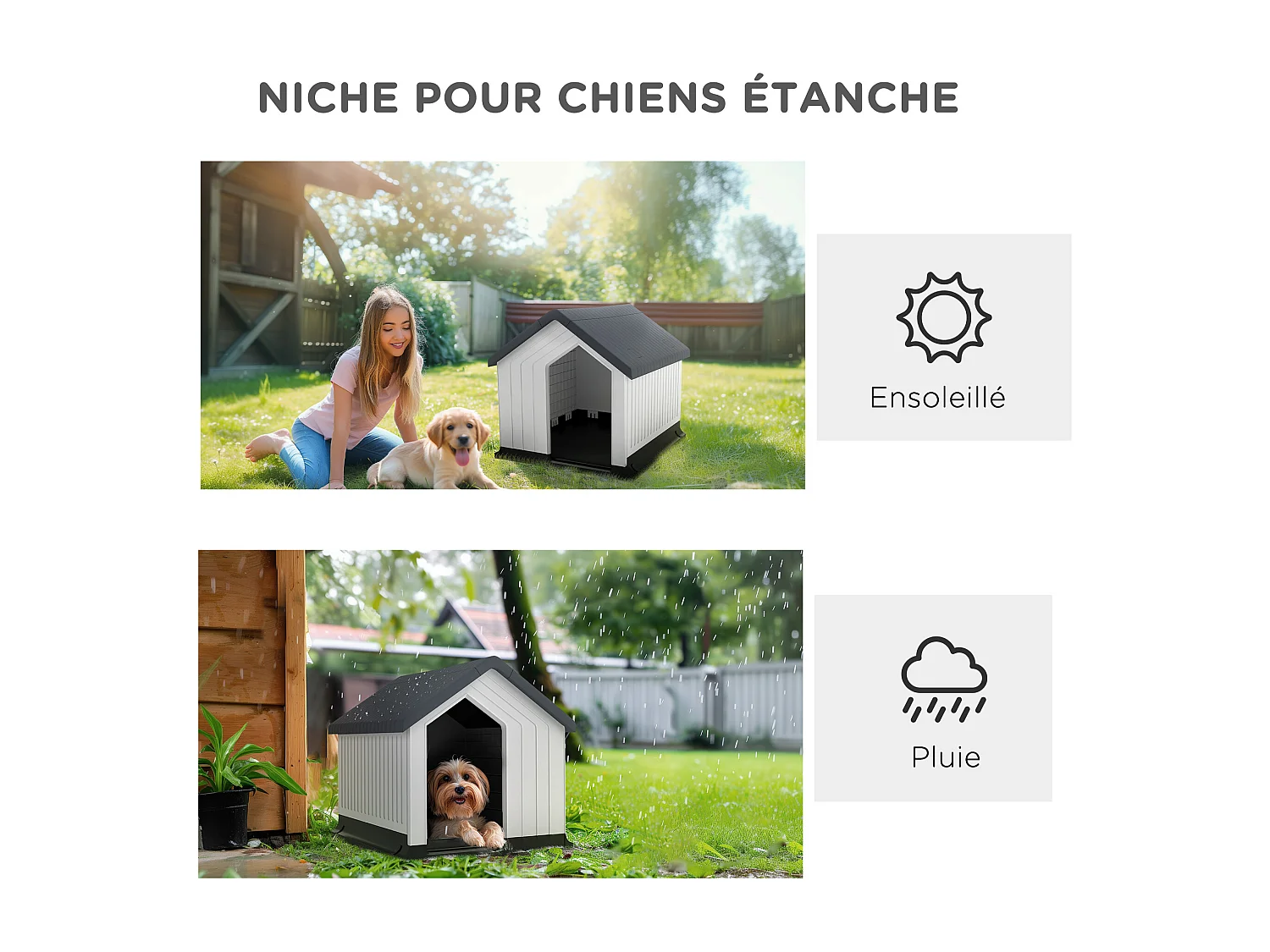 Niche chien extérieure - maison chien - niche plastique - grille d'aération - dim. 62L x 61l x 60H cm - blanc gris noir